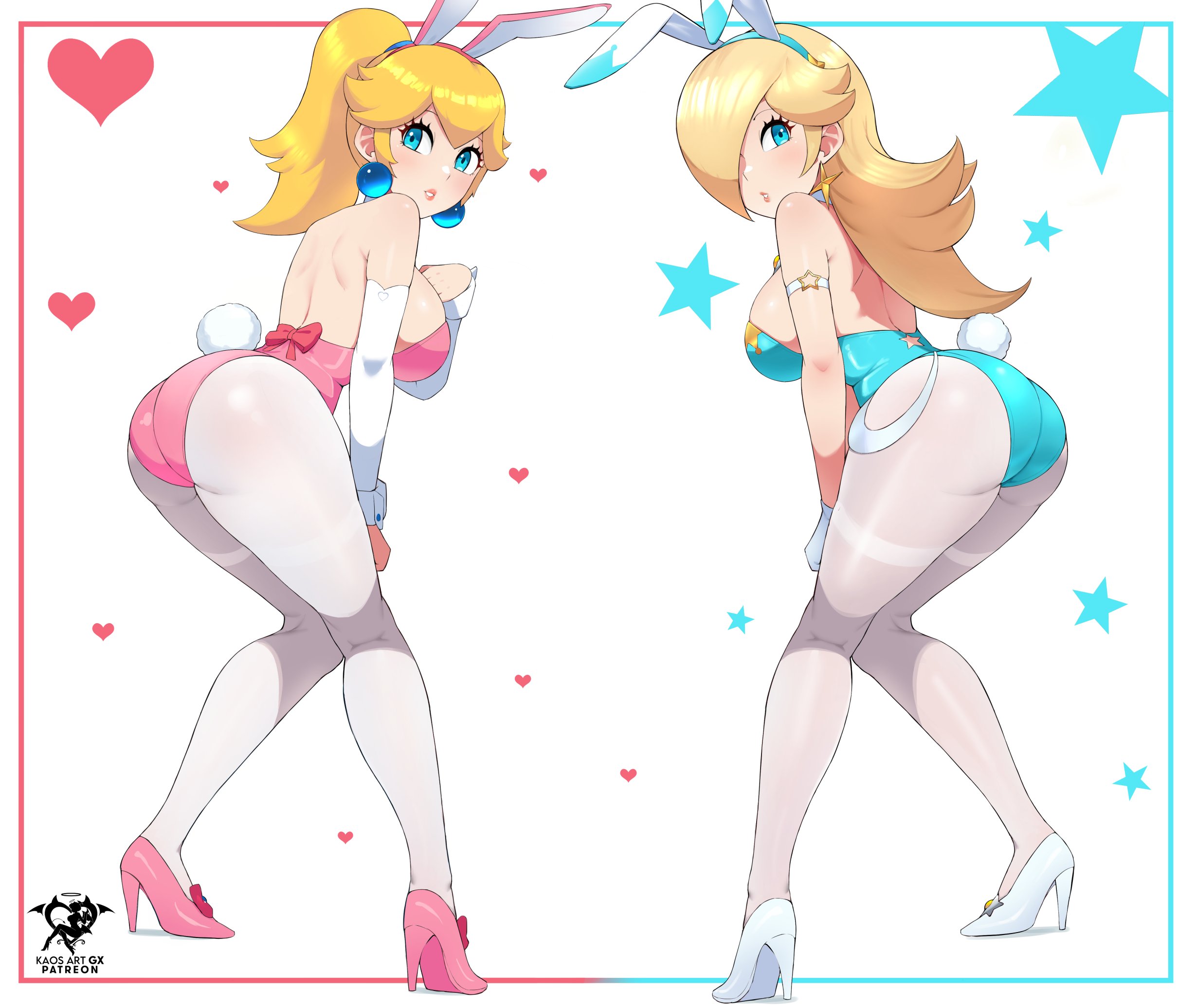 2girls, ass, blonde hair, blue eyes, breasts, bunny ears, bunny girl, bunnysuit, female, female only, hair over one eye, heels, kaos art, large ass, large breasts, light skin, light-skinned female, long hair, long legs, mario (series), nintendo, princess peach, princess rosalina, super mario galaxy