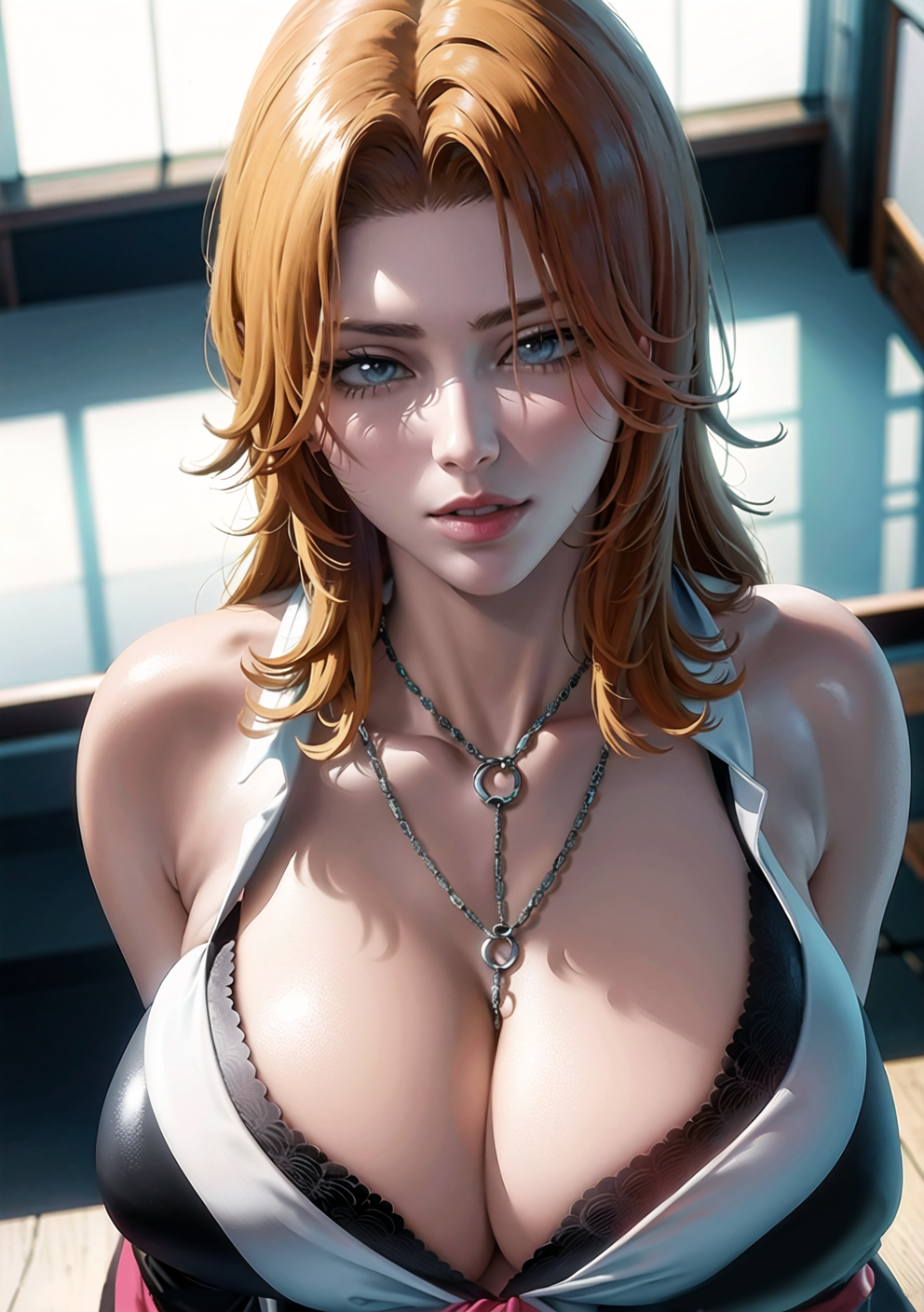 1girls, ai generated, bleach, blue eyes, breasts, curvaceous, curvy body, curvy female, curvy figure, female, ginger hair, huge breasts, looking at viewer, matsumoto rangiku, mature female, mommy, seductive look, solo female, solo focus, stable diffusion