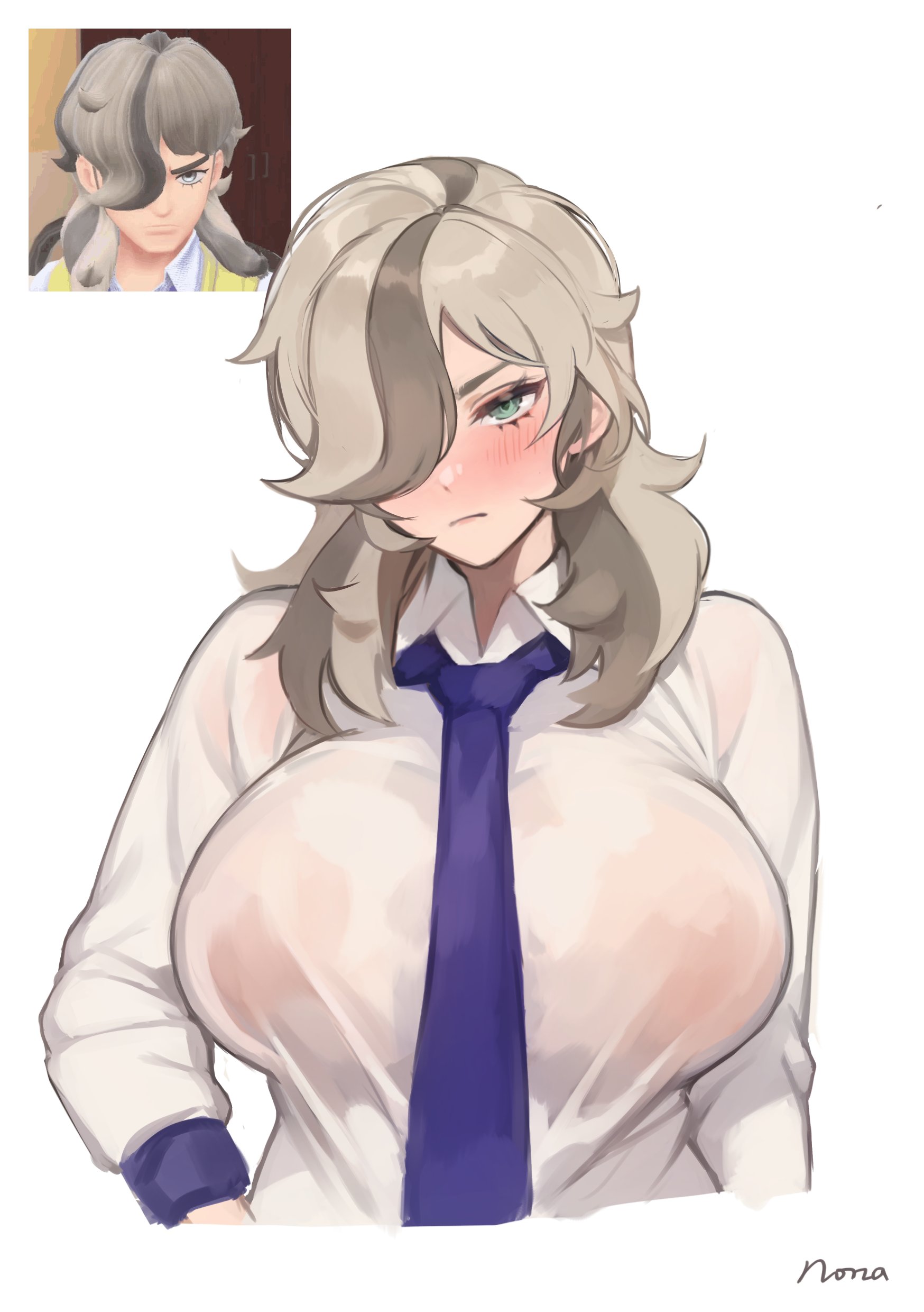 1girls, artist signature, arven (pokemon), blush, breasts, brown hair, embarrassed, female, female only, game freak, genderswap, genderswap (mtf), hair over one eye, huge breasts, necktie, nintendo, norza, pokemon, pokemon sv, rule 63, school uniform, schoolgirl, simple background, white background