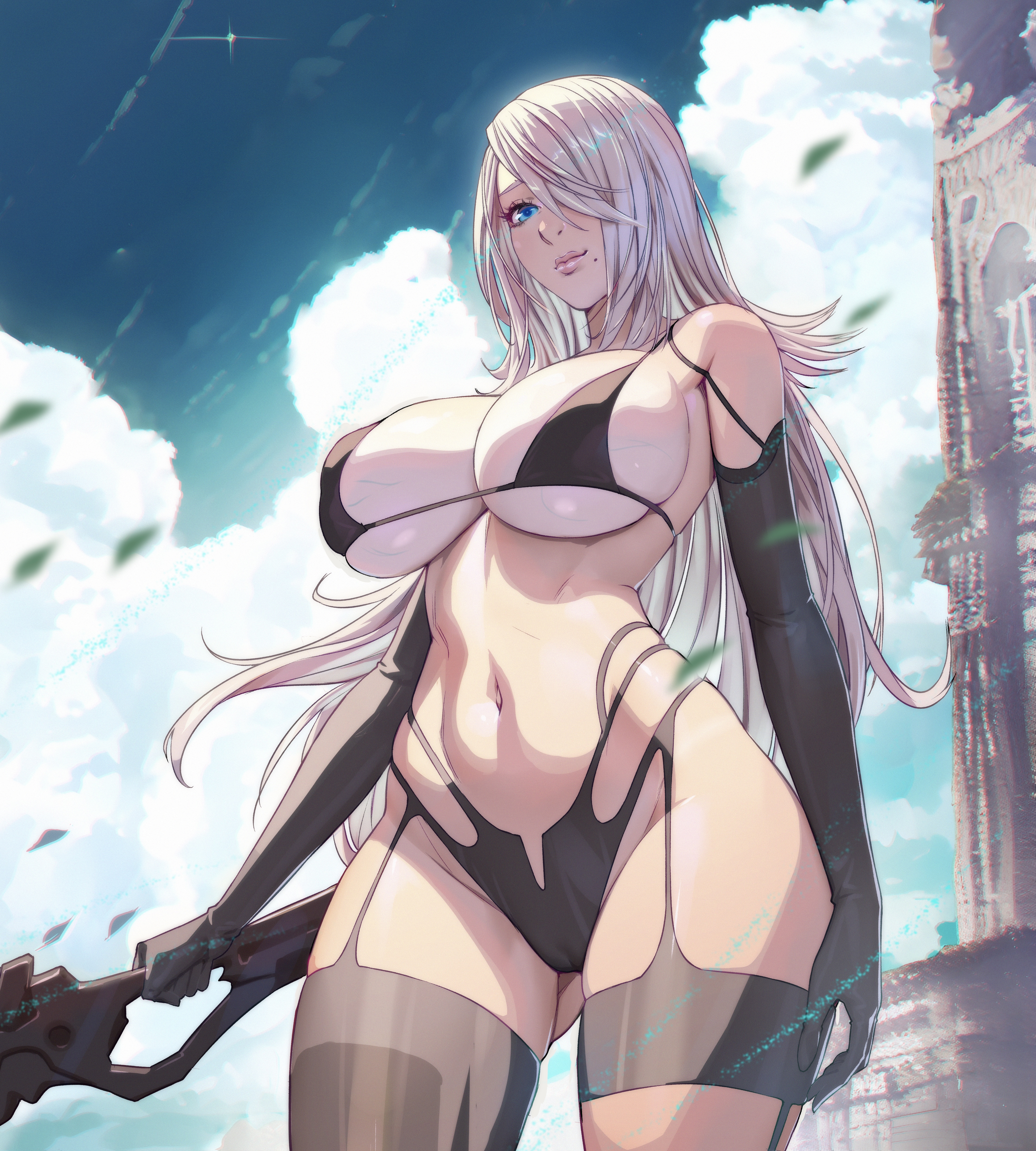 arttoru, big breasts, bikini, breasts, female, hourglass figure, large breasts, lingerie, nier, nier: automata, solo, yorha a2