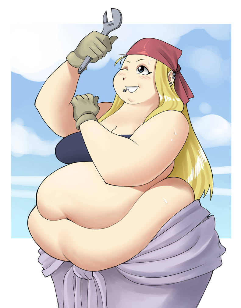 bbw belly_overhang big_belly big_breasts chubby chubby_female cleavage closed_eye fat fat_fetish fat_girl fat_rolls fat_woman fullmetal_alchemist larger_female obese obese_female overweight overweight_female plump plus_size ssbbw thick_arms weight_gain winry_rockbell