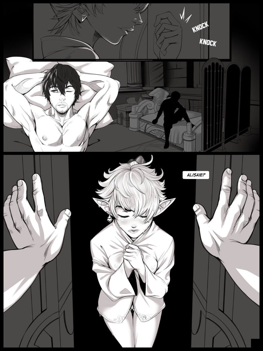 1boy 1girls adventurer_(ff14) alisaie_leveilleur bed bedroom black_and_white blush censored comic comic_panel earrings elezen elf elf_ears elf_female elf_girl english english_text female final_fantasy final_fantasy_xiv half_naked hyur kyder male male_human/female_elf muscular_male panels pillow square_enix undressing warrior_of_light_(ff14) warrior_of_light_(final_fantasy_xiv) white_hair