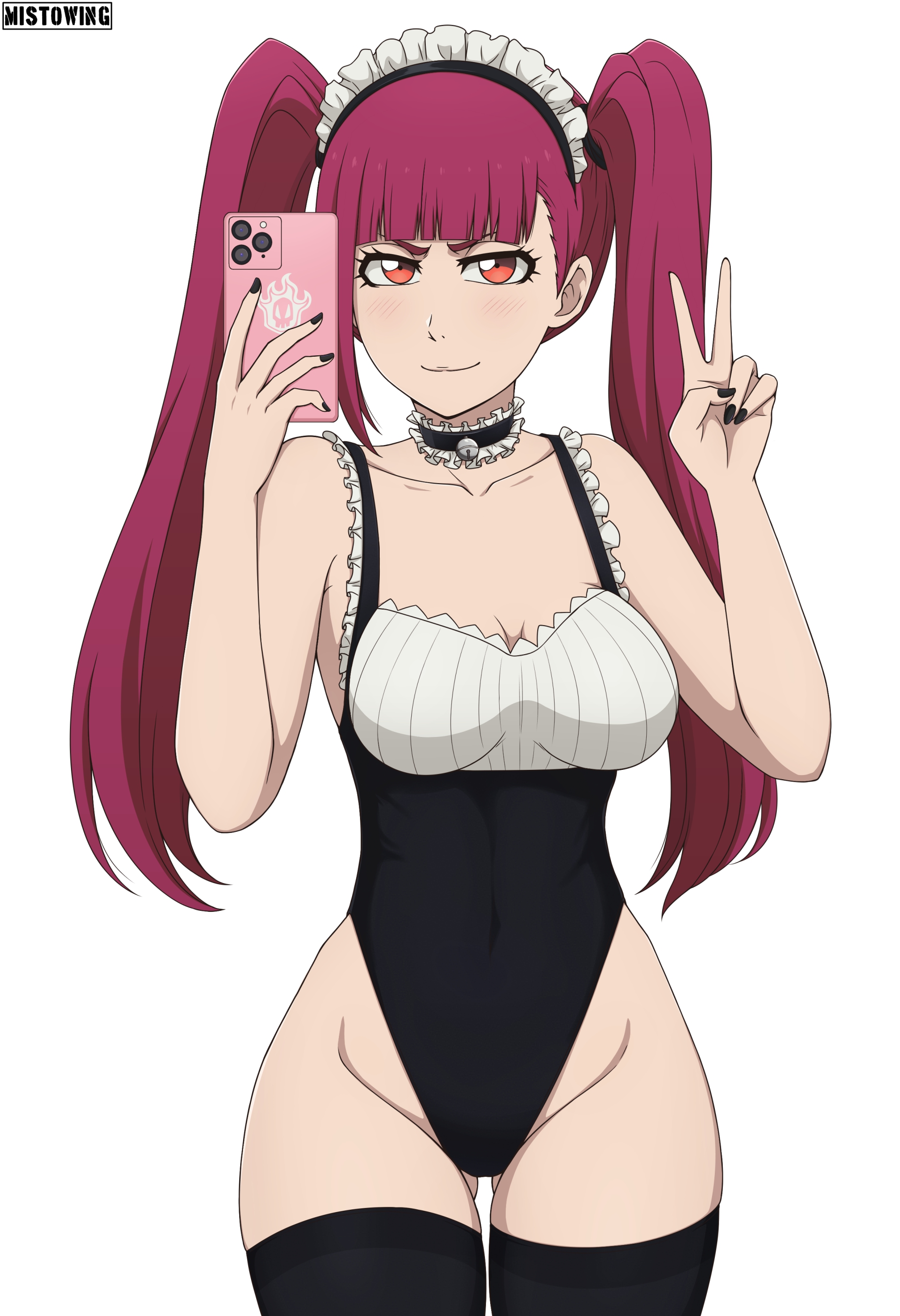 1girls, absurdres, adapted costume, bell, black nails, black thighhighs, bleach, blush, breasts, cellphone, choker, cleavage, closed mouth, collarbone, covered navel, dokugamine riruka, female, frilled choker, frilled leotard, frills, highres, iphone, large breasts, leotard, long hair, looking at viewer, maid headdress, mistowing, nail polish, neck bell, orange eyes, phone, purple hair, simple background, smartphone, smile, solo, thighhighs, twintails, v, white background