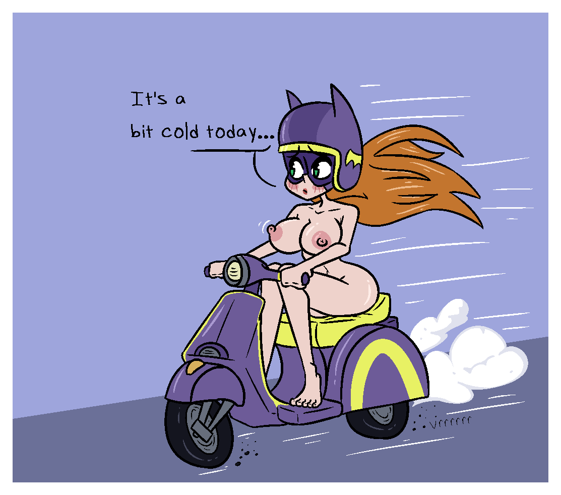 1girls areolae barbara_gordon barefoot batgirl big_breasts blue_eyes breasts cold completely_nude completely_nude_female dc dc_comics dc_super_hero_girls english_text female female_only full_body helmet human long_hair looking_to_the_side motorcycle naked naked_female nipples nude nude_female orange_hair pale_skin sitting sitting_on_motorcycle solo solo_female strawberriexe text vespa_(vehicle)