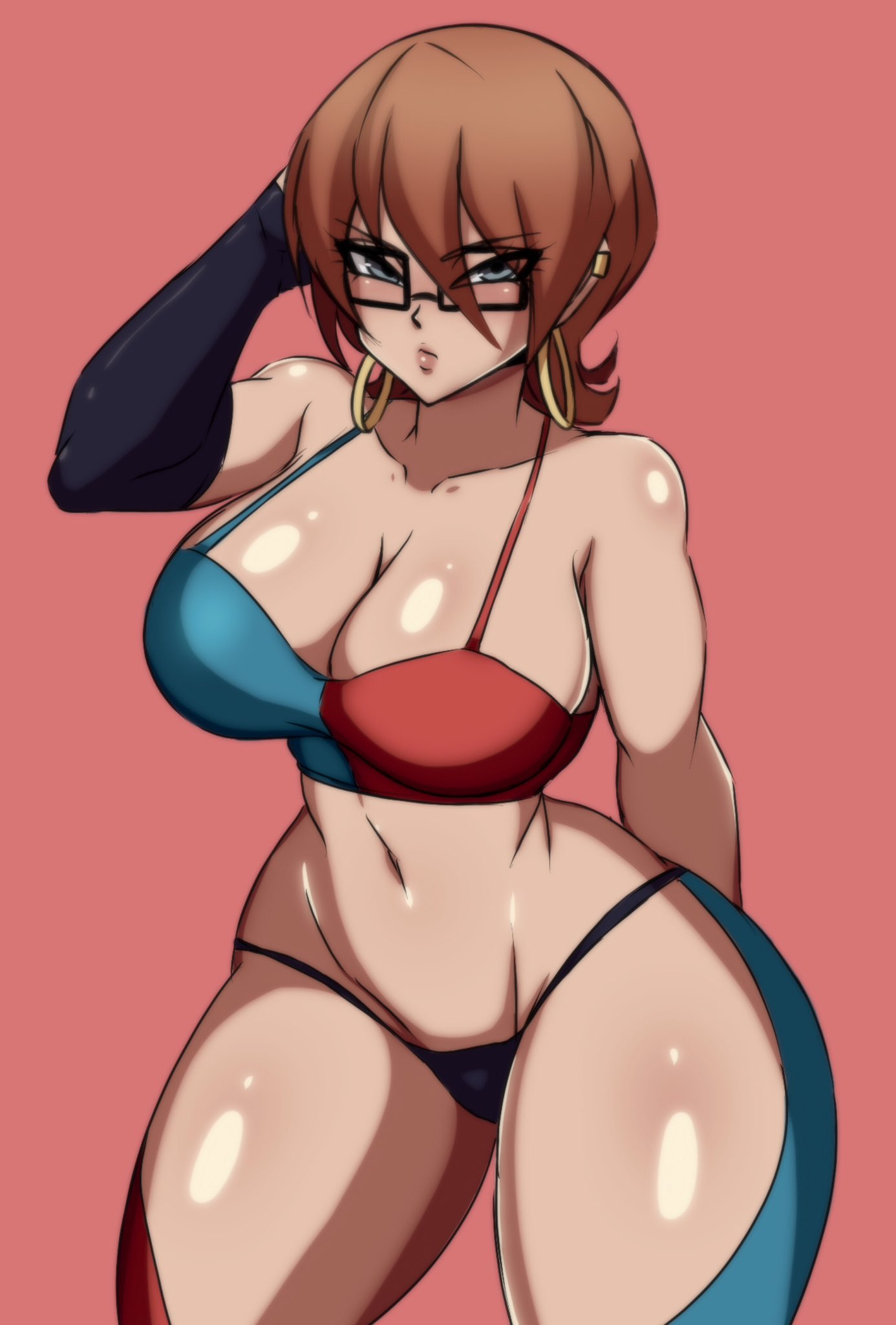 1girls android_21 android_21_(human) arm_behind_back armwear big_breasts brown_hair darwaarts dragon_ball dragon_ball_fighterz earrings female female_only glasses hand_behind_head hi_res looking_at_viewer narrowed_eyes red_background short_hair solo thick_thighs thong topwear wide_hips