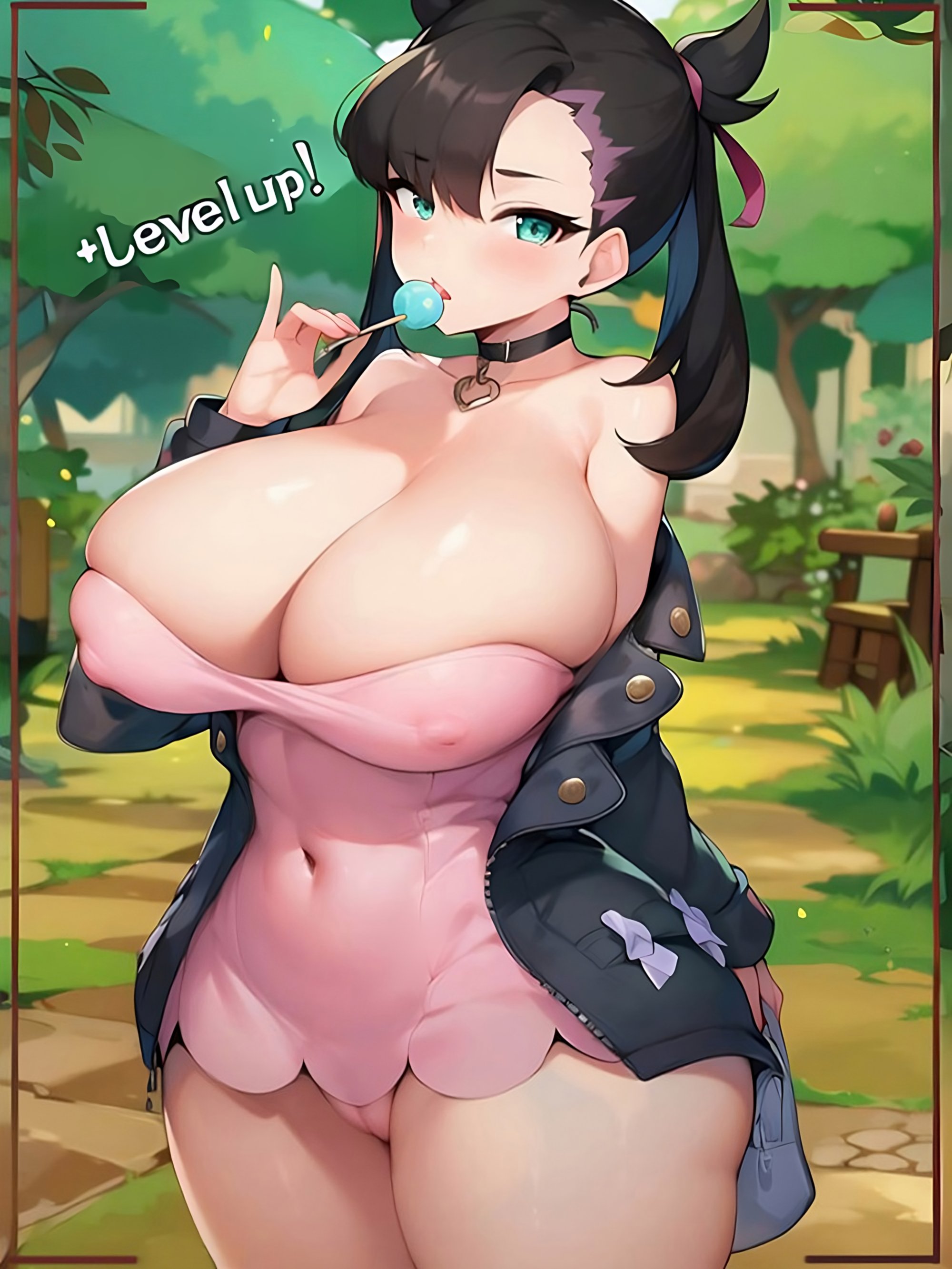 1girls, aged up, ai generated, alternate breast size, alternate version available, bottomless, bottomless female, breasts, candy, captainxero, cleavage, collaboration, cucarachaaa, dress, female, female only, green eyes, hips, huge breasts, jacket, leather jacket, marnie (pokemon), nintendo, no panties, outdoors, pokemon, pokemon ss, pubic hair, pussy, short hair, slim waist, thick thighs, thighs, twintails, uncensored, vagina, wide hips
