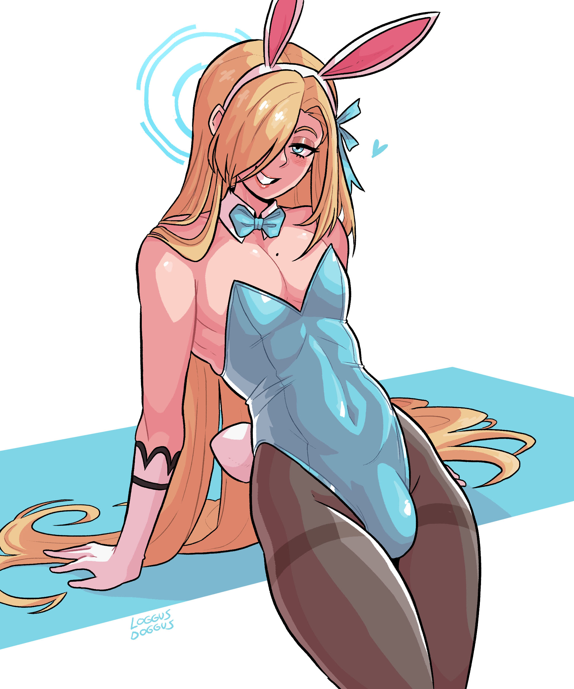 1boy, 1femboy, asuna (blue archive), asuna (bunny girl) (blue archive), asuna (bunny) (blue archive), beauty mark, blonde hair, blue archive, blue eyes, breasts, bulge, bulge through clothing, bunny ears, bunny ears (cosmetic), bunny tail, bunnysuit, crossdressing, detached collar, femboy, feminine male, genderswap, genderswap (ftm), girly, gloves, hair over one eye, heart, hi res, leaning back, loggus doggus, long hair, looking at viewer, male, male only, mole on breast, neck ribbon, pantyhose, penis, penis bulge, rule 63, smiling, smiling at viewer, solo, teeth showing, trap, white background