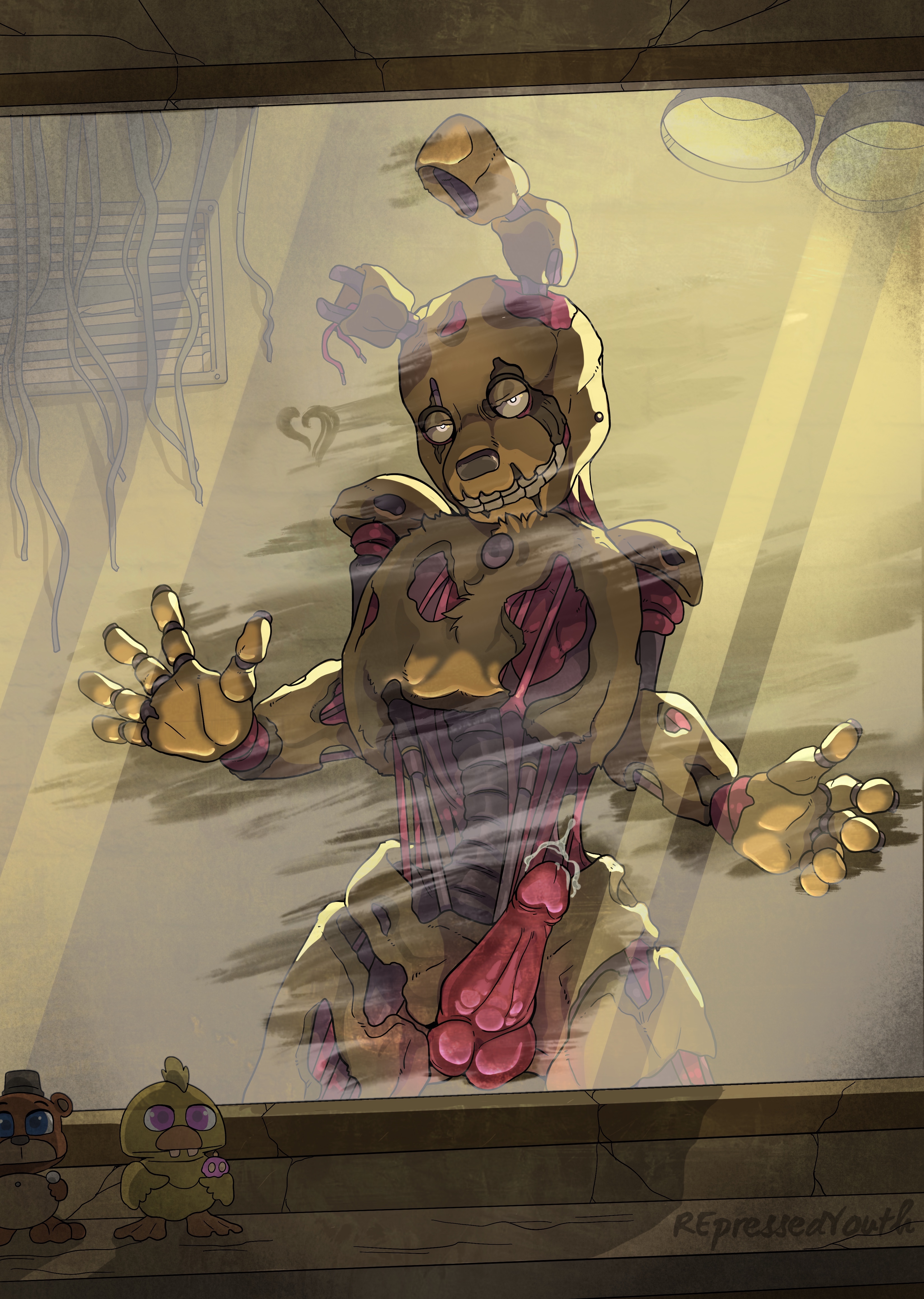 aroused, five nights at freddy's, five nights at freddy's 3, male, male only, penis, penis on glass, precum, repressed youth, scottgames, solo, solo male, springtrap, springtrap (fnaf), suggestive look, teasing viewer