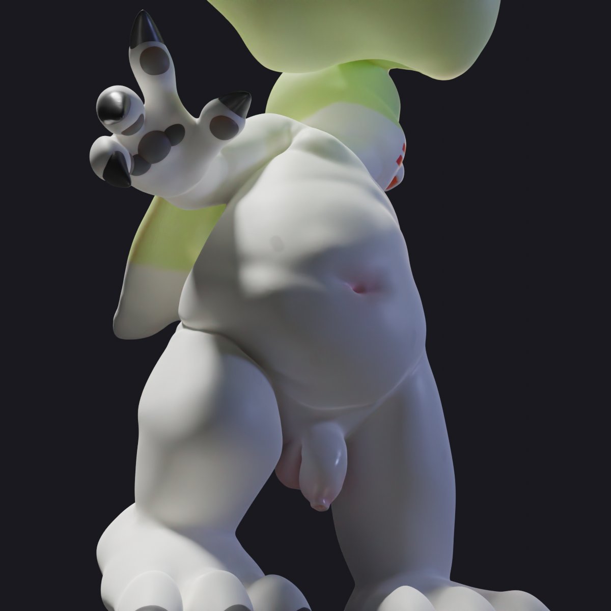 3d_(artwork) anthro apluss balls bandai_namco belly claws digimon digimon_(species) digital_media_(artwork) flaccid foreskin fur gargomon genitals hi_res male male_only moobs navel nude overweight pawpads penis solo white_body white_fur