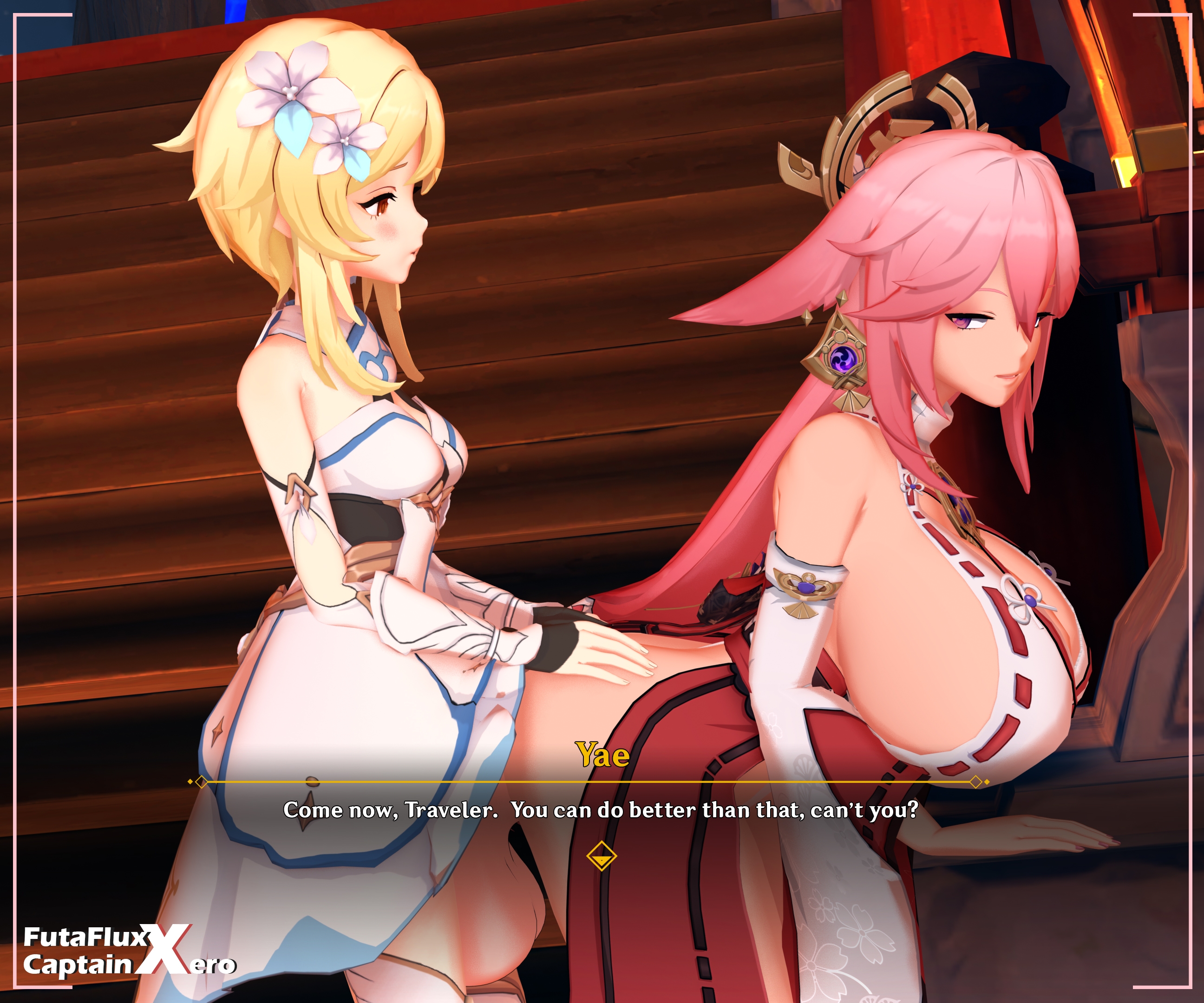 1futa, 1girls, 3d, big breasts, breasts, clothed, clothed sex, female, futa with female, futaflux, futanari, genshin impact, intersex, lumine (genshin impact), tagme, text, yae miko