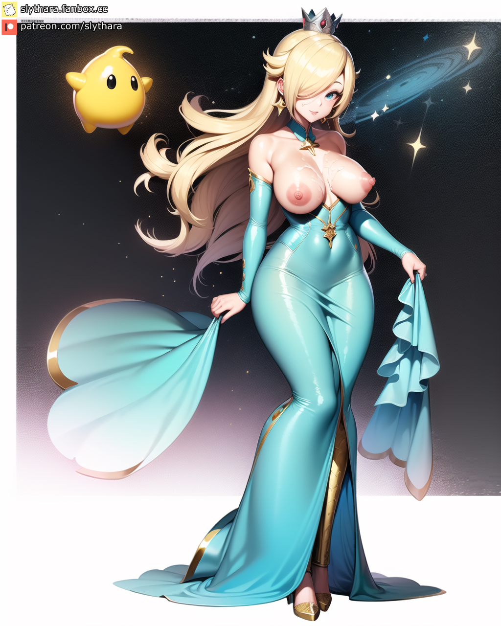 1girls ai_generated big_breasts blonde_hair blue_eyes breasts cum cum_on_breasts dress female long_hair luma mario_(series) nintendo princess_rosalina slythara super_mario_galaxy