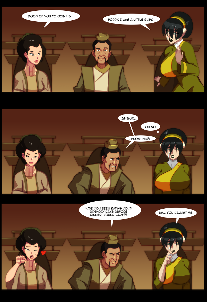 1boy 2girls avatar_legends avatar_the_last_airbender big_breasts black_lipstick comic earth_kingdom english_text female huge_ass huge_breasts lao_bei_fong male morganagod poppy_bei_fong sokka speech_bubble text toph_bei_fong