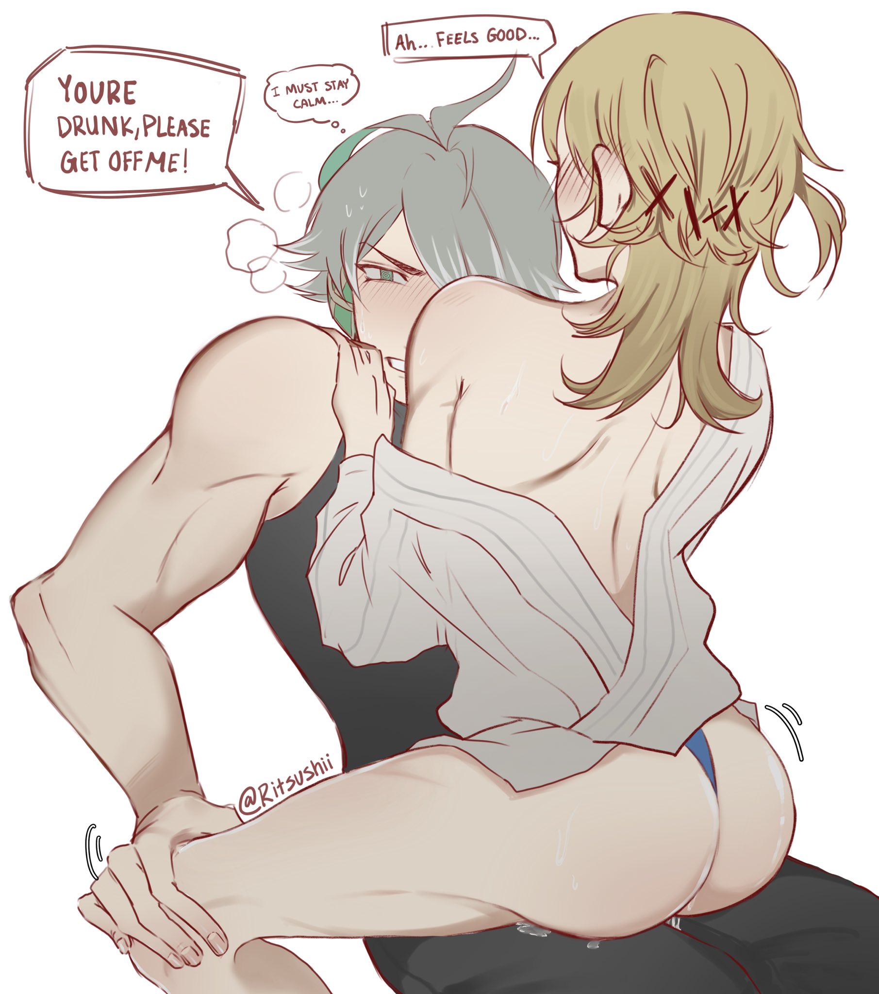 2boys, alhaitham (genshin impact), anal, anal sex, artist request, ass, ass focus, big ass, big butt, blonde hair, blonde-haired male, blush, blush lines, bubble ass, bubble butt, cowgirl position, dialogue, drunk, drunk sex, gay, gay anal, genshin impact, green eyes, grey hair, hair over one eye, hairclip, half-dressed, kaveh (genshin impact), larger male, lingerie, male, male only, male penetrated, male penetrating, male penetrating male, male/male, multicolored hair, muscles, muscular, muscular male, panting, penis, power bottom, riding, riding penis, ritsushii (artist), smaller male, speech bubble, thick ass, thought bubble, twink, underwear, yaoi