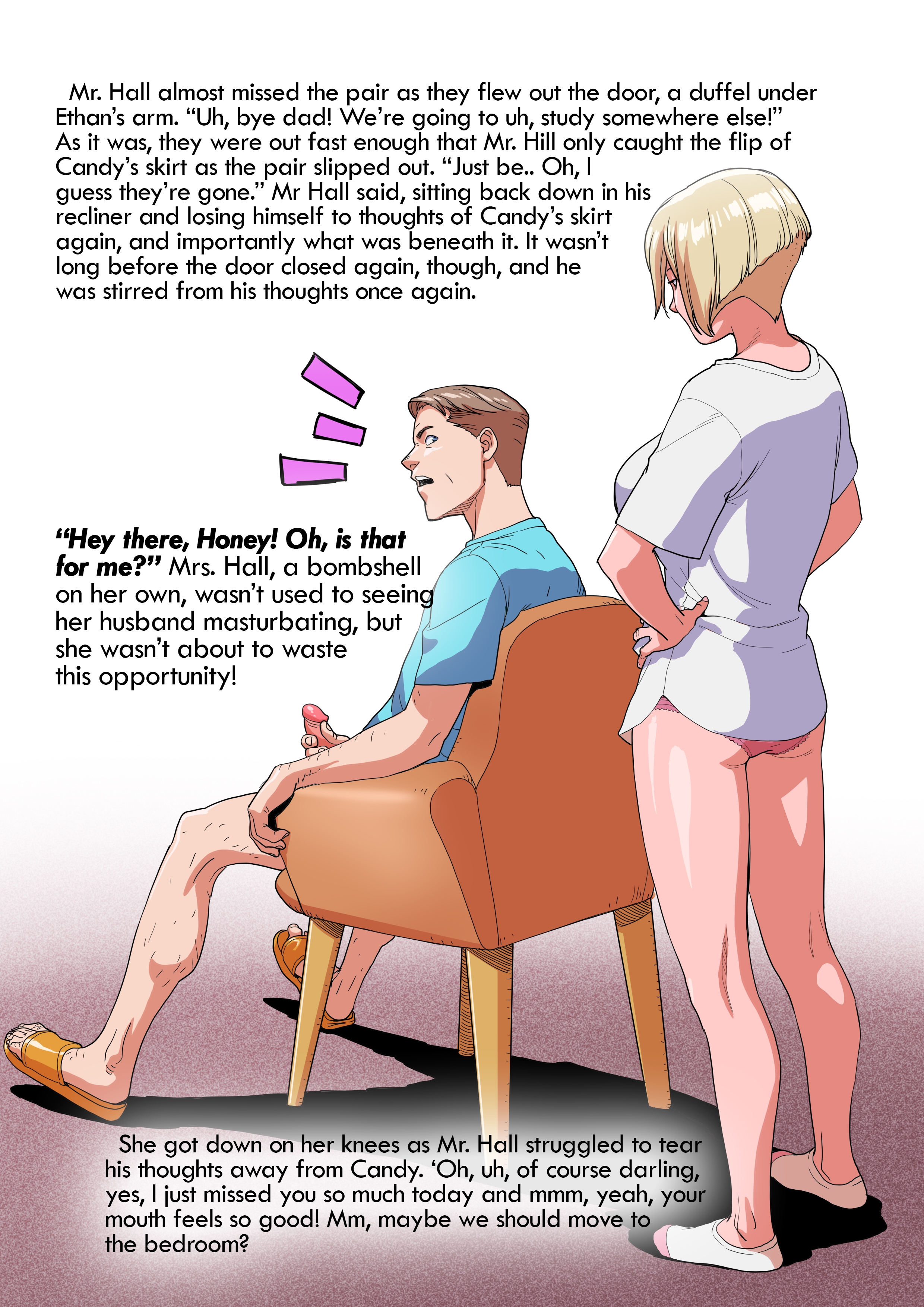 1boy, 1girls, blonde hair, breasts, busty, caught, caught masturbating, comic, dialogue, english text, ethan's dad (tekuho), ethan's mom (tekuho), female, flip flops, husband and wife, male, pantsless, sandals, story, straight, tagme, tekuho, text