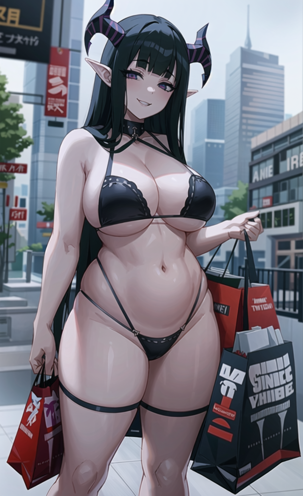 1girls 2023 ai_generated anime_nose big_breasts black_hair city city_background collar goth horned_female horned_humanoid horns pointy_ears public purple_eyes sexy_underwear shopping shopping_bag smile smirk thick thick_ass thick_thighs underwear