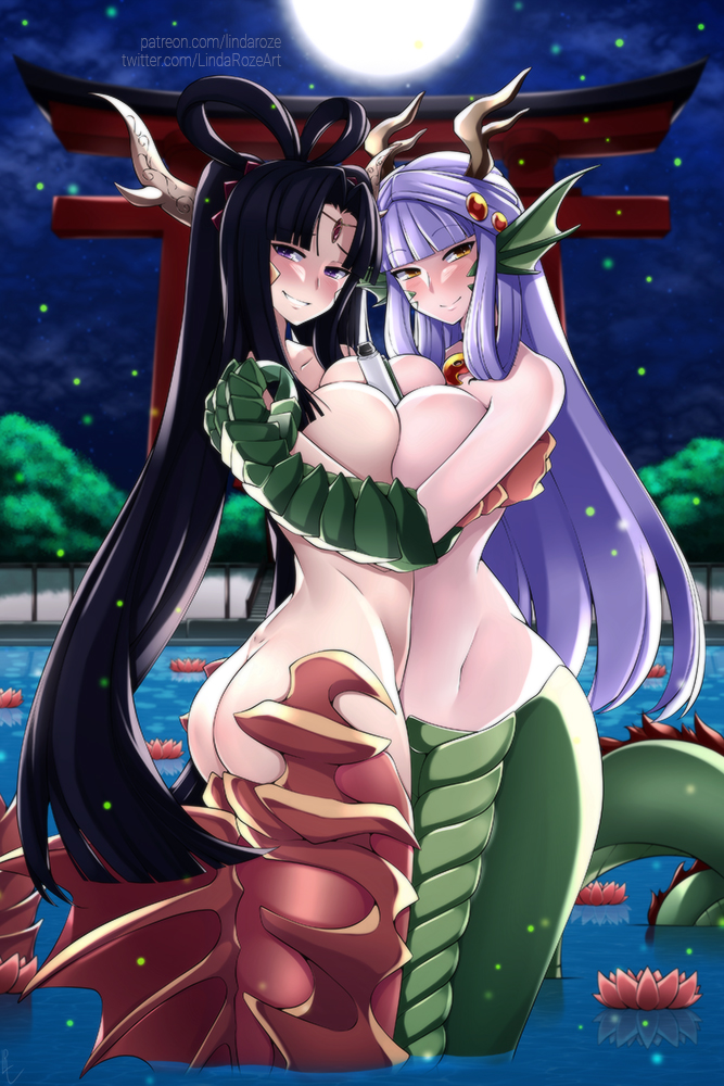 2girls animal_hands anthro completely_nude exposed_breasts female female_only lindaroze monster_girl_encyclopedia multiple_girls otohime ryu_(monster_girl_encyclopedia)