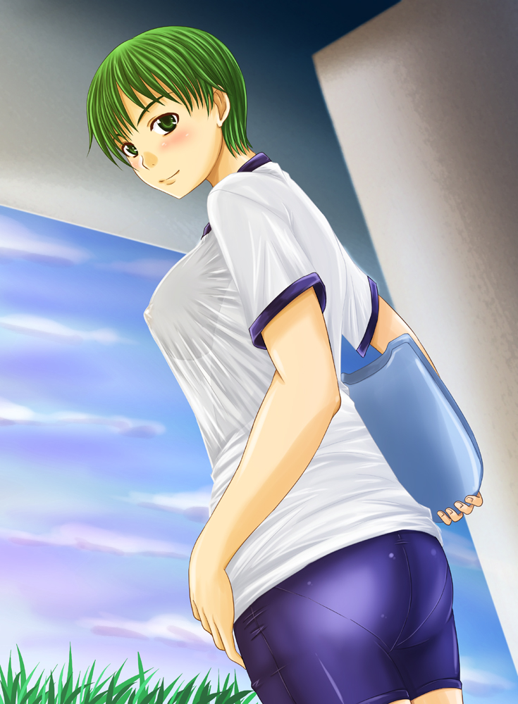 1girls blue_shorts blush erect_nipples erect_nipples_under_clothes female female_only grass green_eyes green_hair kiyokawa_nozomi large_breasts nozarashi_satoru see-through short_hair shorts smile solo tokimeki_memorial tokimeki_memorial_1 white_shirt