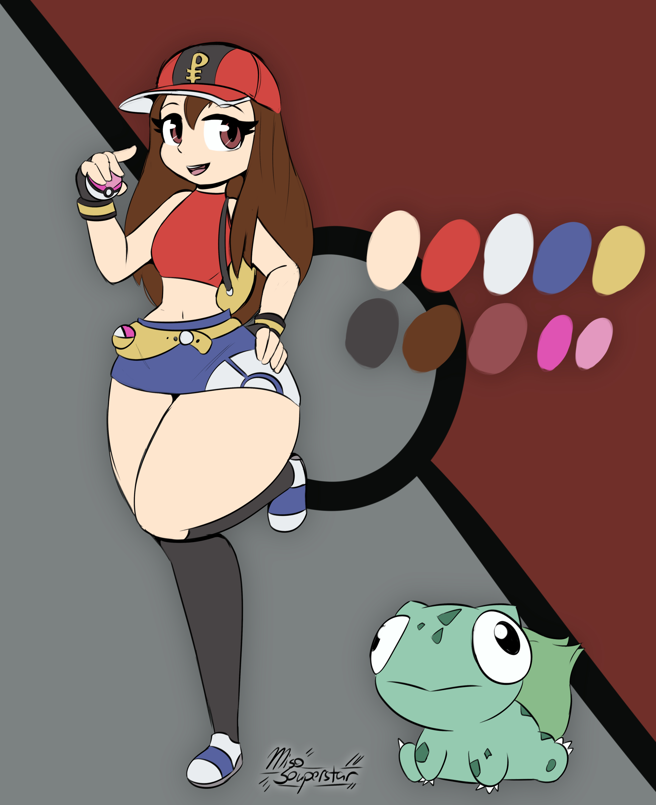 1girls, ass, brown hair, bulbasaur, clothed, female, female only, huge ass, human, marcy (miso souperstar), miso souperstar, nintendo, original, pokemon, short skirt, smooth skin, thick thighs, thin waist, young