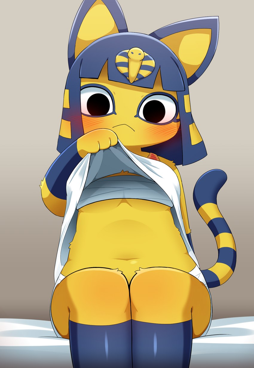 :<, animal crossing, ankha, bandage, black eyes, blue hair, blush, breasts, cat ears, cute, feline, female, female only, furry, furry only, looking at viewer, navel, presenting, presenting body, small breasts, sum, tail, yellow body, yellow fur
