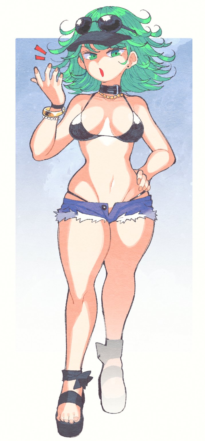 1girls, alternate costume, bare shoulders, bikini, booty shorts, bracelet, breasts, choker, cleavage, clothing, collarbone, curly hair, denim shorts, earrings, eyelashes, eyewear, eyewear on head, female, female focus, female only, full body, glasses, glasses on head, green eyes, green hair, hand on hip, high heels, highres, hips, hotpants, human, inkerton-kun, inkuusan, jean shorts, jewelry, looking at viewer, medium breasts, medium hair, nail polish, navel, necklace, one-punch man, open mouth, petite, pink nails, platform heels, revealing clothes, shiny skin, short shorts, shorts, simple background, skimpy, solo, solo female, sunglasses, sunglasses on head, tatsumaki, thighs, unbuttoned pants, visor, white background
