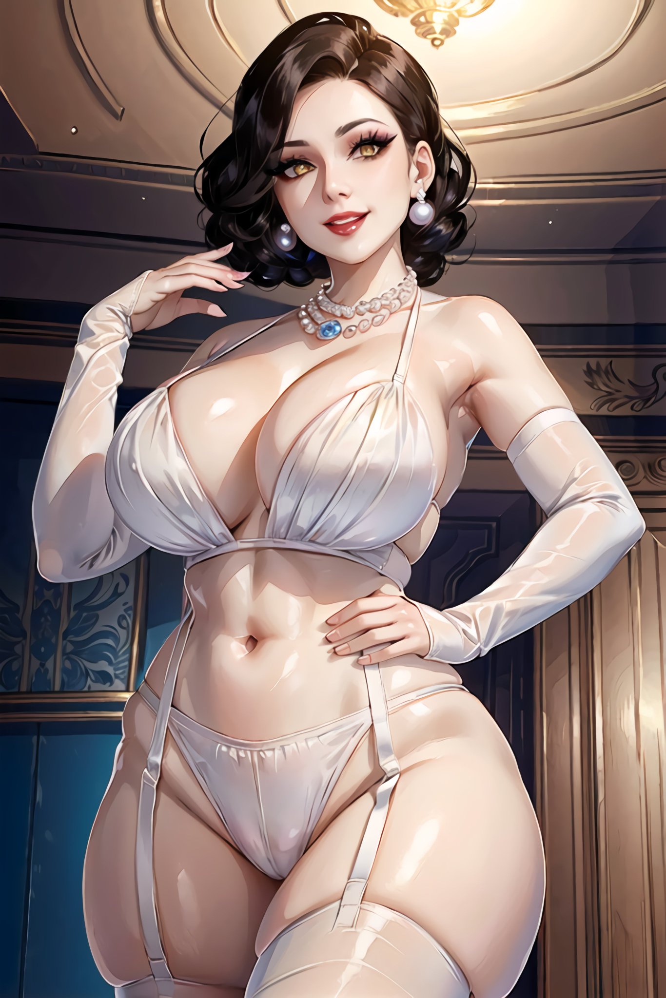 1girls, ai generated, alcina dimitrescu, black hair, breasts, curvy, curvy body, curvy female, curvy figure, female, female focus, huge breasts, legwear, lingerie, looking at viewer, mature female, milf, mommy, resident evil, resident evil 8: village, seductive look, short hair, solo female, solo focus, stable diffusion, underwear