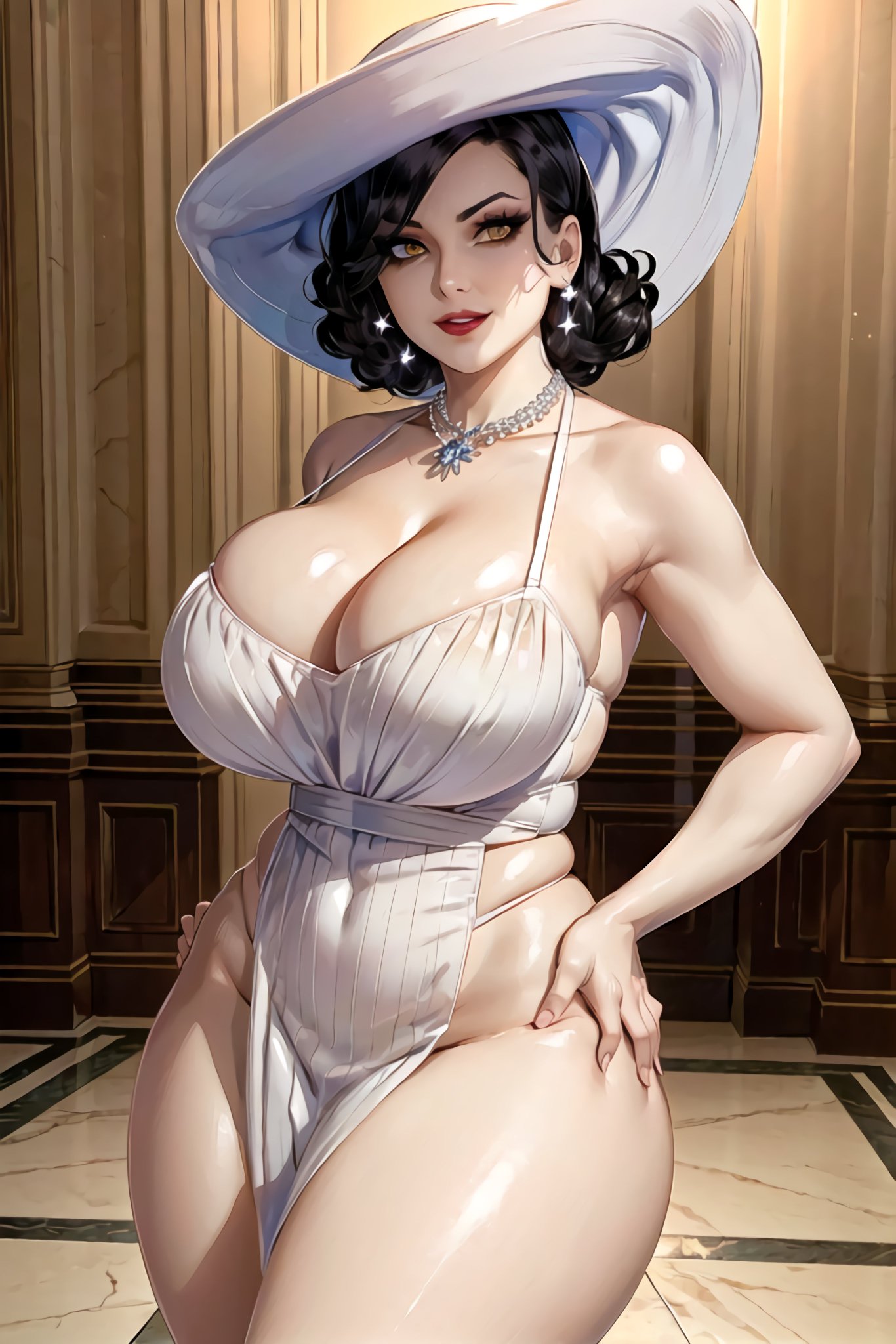 1girls, ai generated, alcina dimitrescu, black hair, curvaceous, curvy body, curvy female, curvy figure, dress, female, lingerie, looking at viewer, mature female, milf, mommy, resident evil, resident evil 8: village, short hair, solo female, stable diffusion