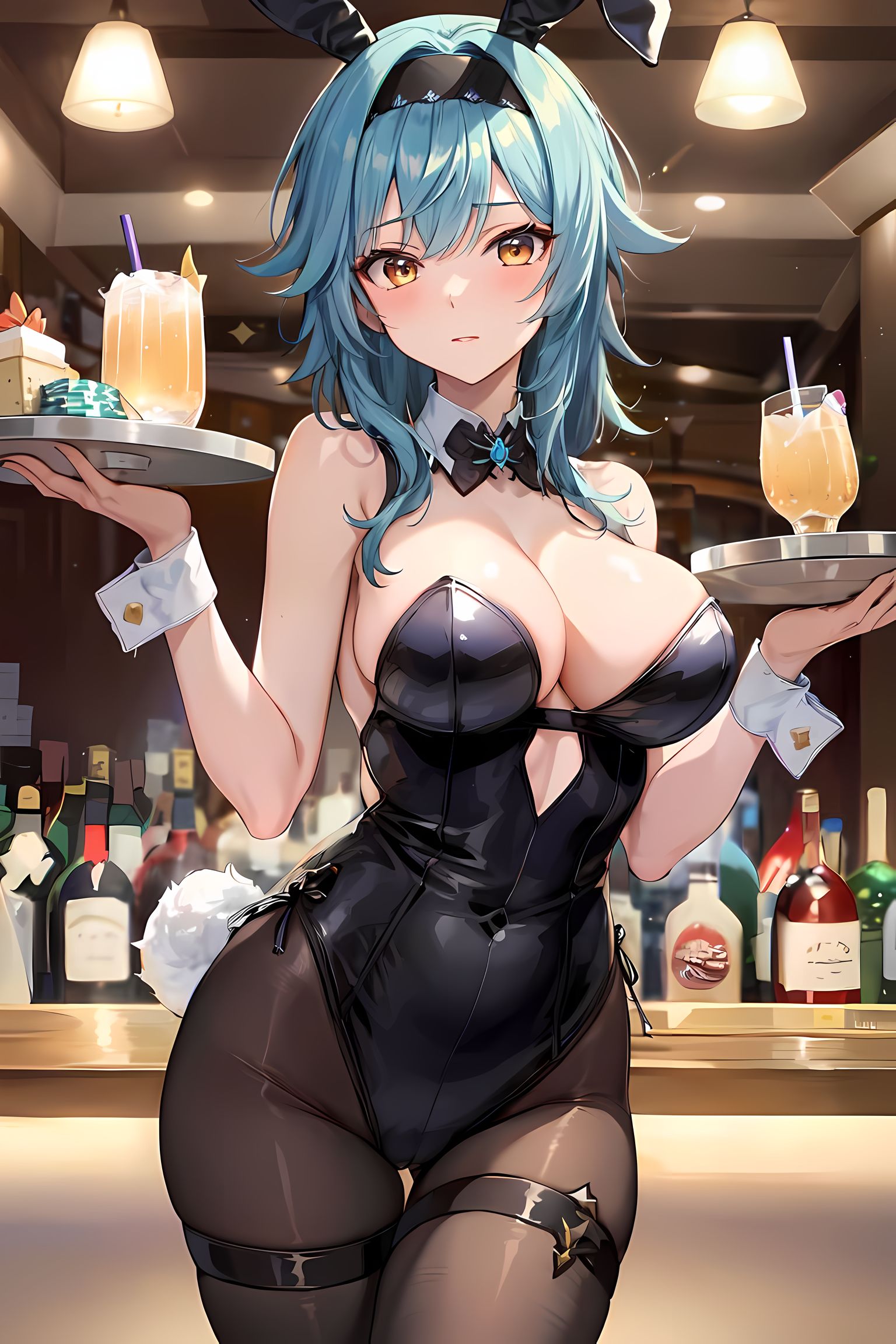 1girls, ai generated, alcohol, blue hair, breasts, bunny tail, bunnysuit, cleavage, drink, eula (genshin impact), female, genshin impact, large breasts, leotard, pantyhose, playboy bunny, stable diffusion, waitress
