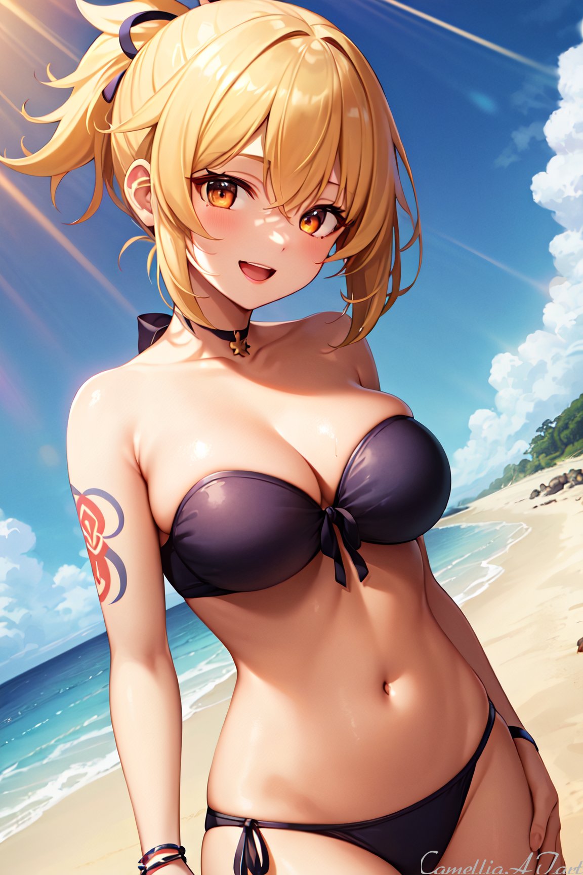 1girls, ai generated, anime nose, bikini, breasts, busty, cleavage, curvy, female, genshin impact, large breasts, nai diffusion, pointy chin, solo, stable diffusion, yoimiya (genshin impact)