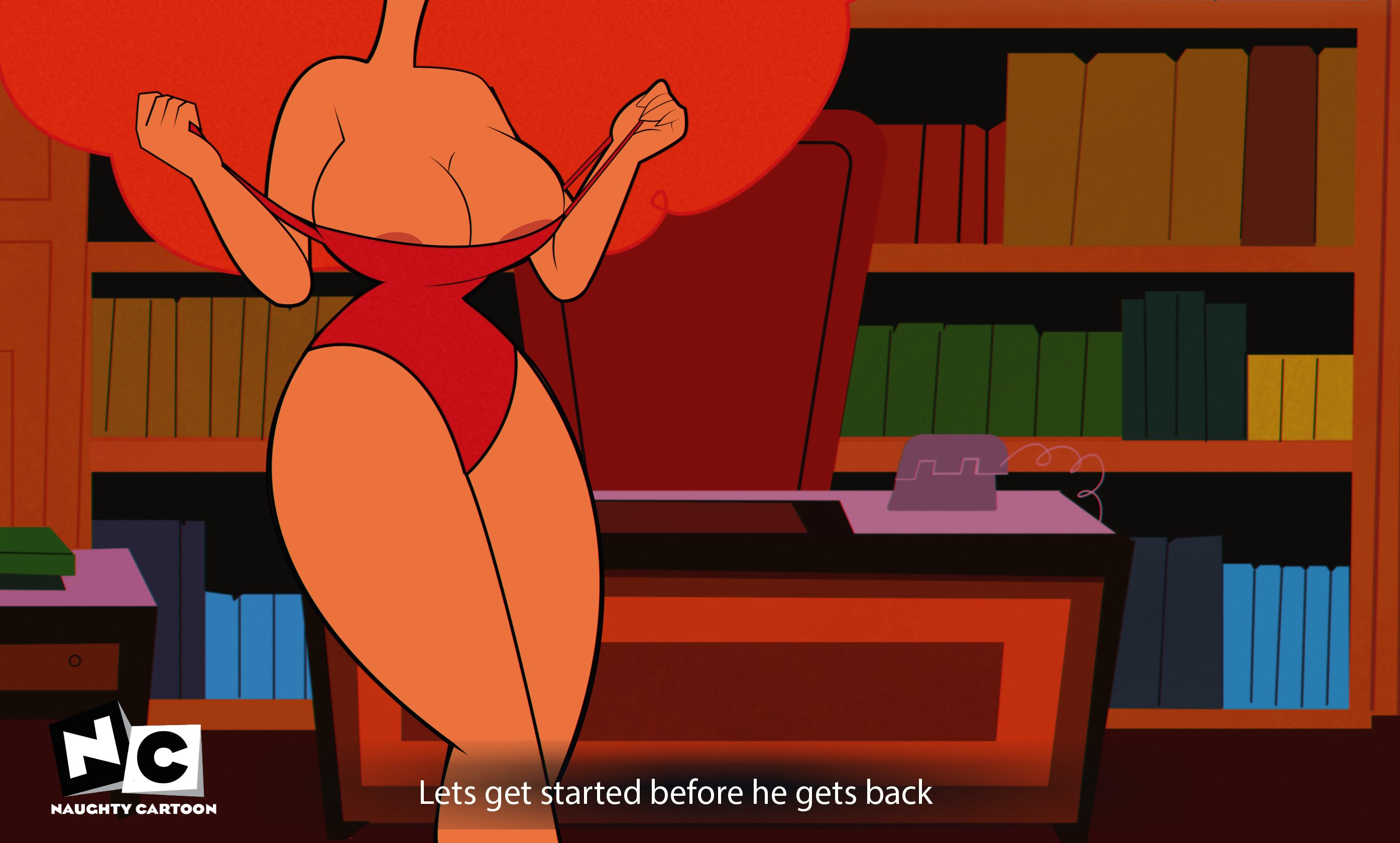 1girls, big hair, breasts, caption, cartoon network, english text, face out of frame, female, fluffy hair, gosgoz, imminent sex, johnny bravo (series), large breasts, nipple slip, nipples, office, office lady, one-piece swimsuit, powerpuff girls, red hair, red swimsuit, redhead, sara bellum, secretary, swimsuit, text, undressing
