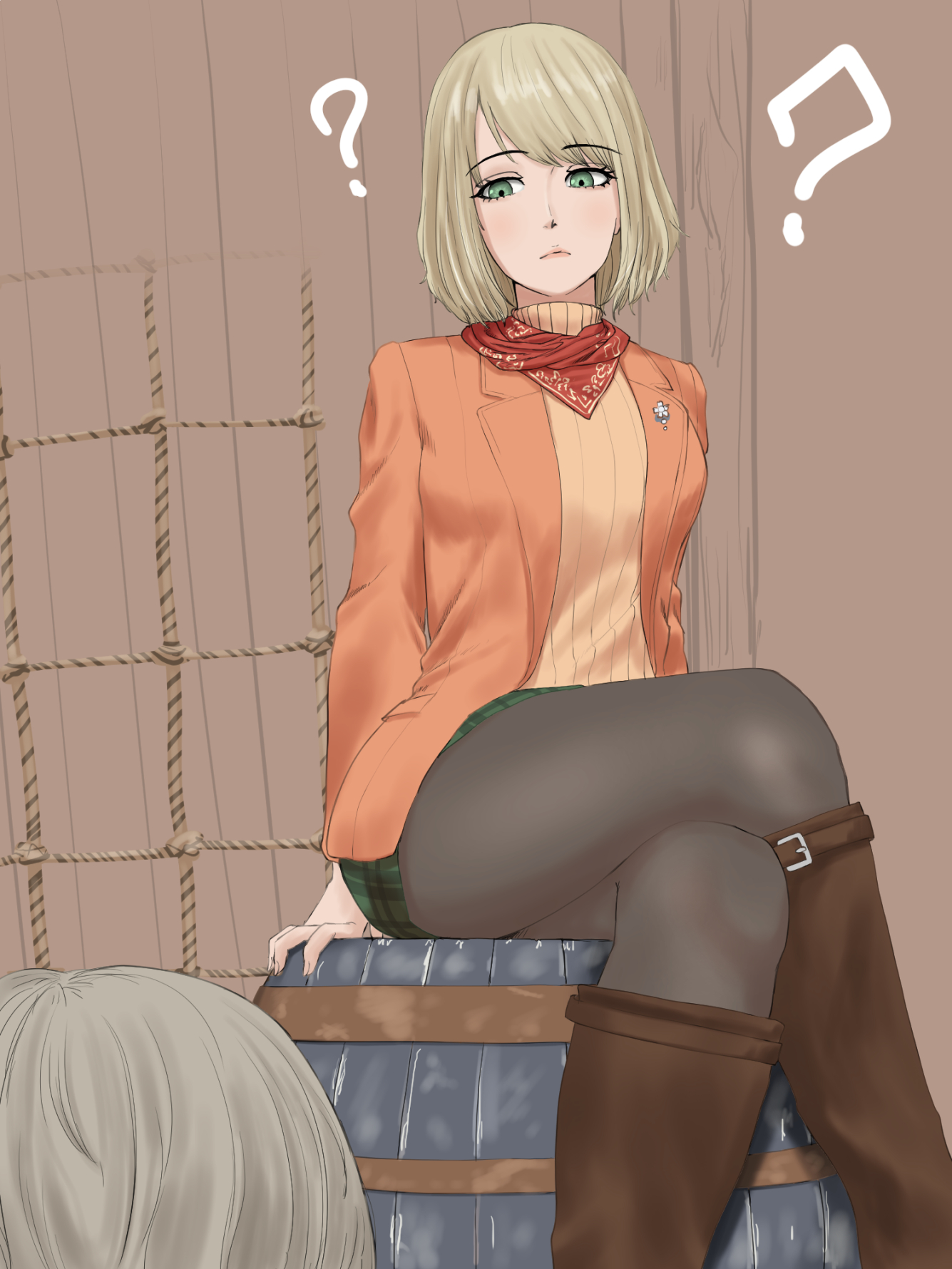 ?, 1boy, 1girls, ashley graham, ashley graham (ella freya), ass, barrel, big ass, big breasts, blonde hair, boots, breasts, capcom, crossed legs, female, leon scott kennedy, male, miniskirt, pantyhose, resident evil, resident evil 4, resident evil 4 remake, skirt, white female, white male