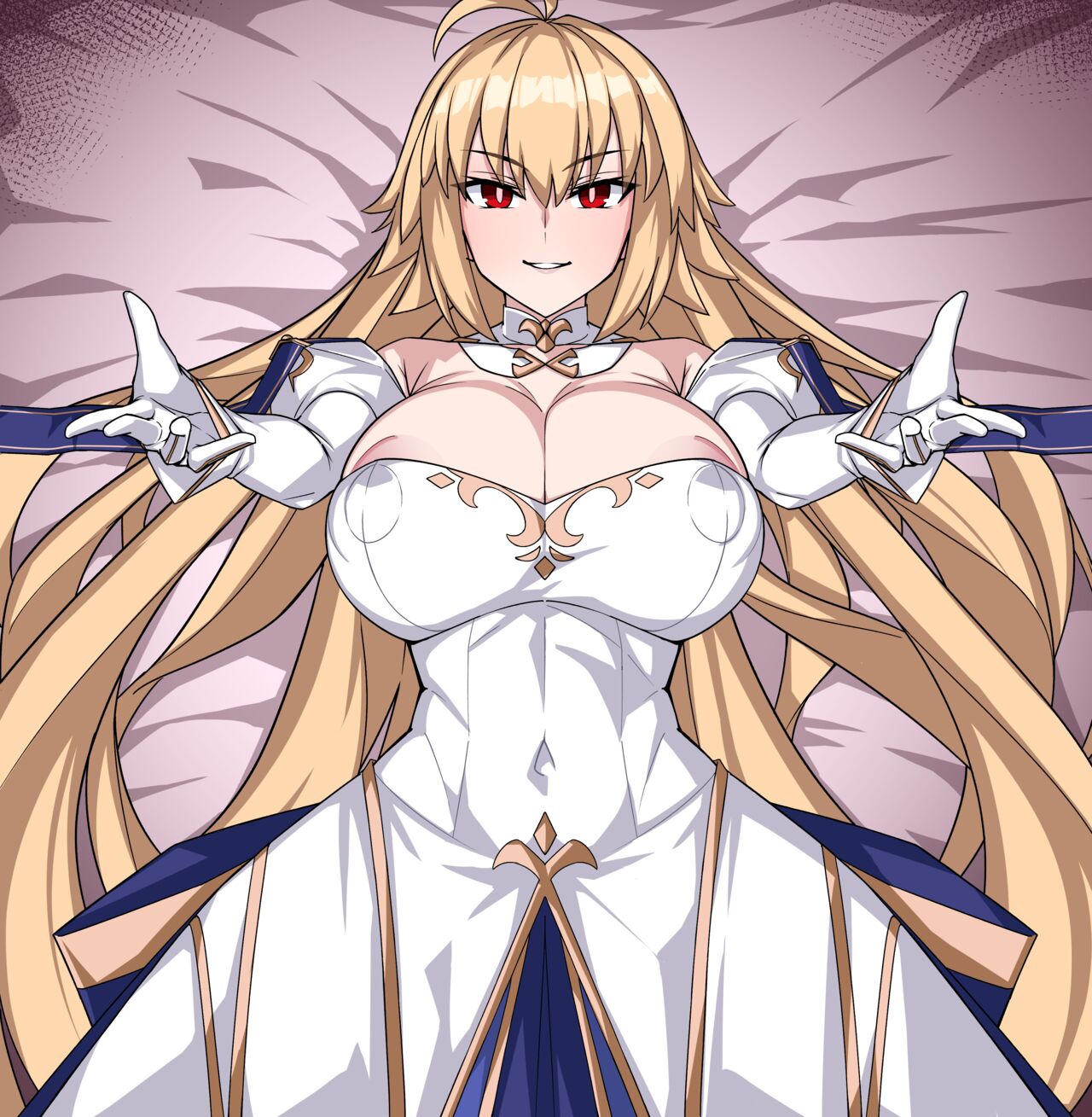 1girls, archetype earth, arcueid brunestud, big breasts, blonde hair, breasts, cowlick, detached sleeves, erect nipples, fate (series), female, gown, inviting, inviting to sex, long hair, melty blood, muta (artist), nipples, oppai, princess, red eyes, solo, solo female, teeth, teeth clenched, teeth showing, teeth visible, tsukihime, type-moon