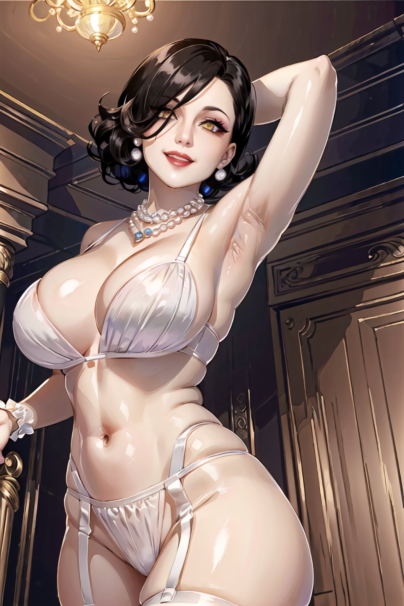 1girls, ai generated, alcina dimitrescu, black hair, curvaceous, curvy body, curvy female, curvy figure, female, hi res, legwear, lingerie, looking at viewer, mature female, milf, mommy, resident evil, resident evil 8: village, short hair, solo female, solo focus, stable diffusion, underwear, yellow eyes