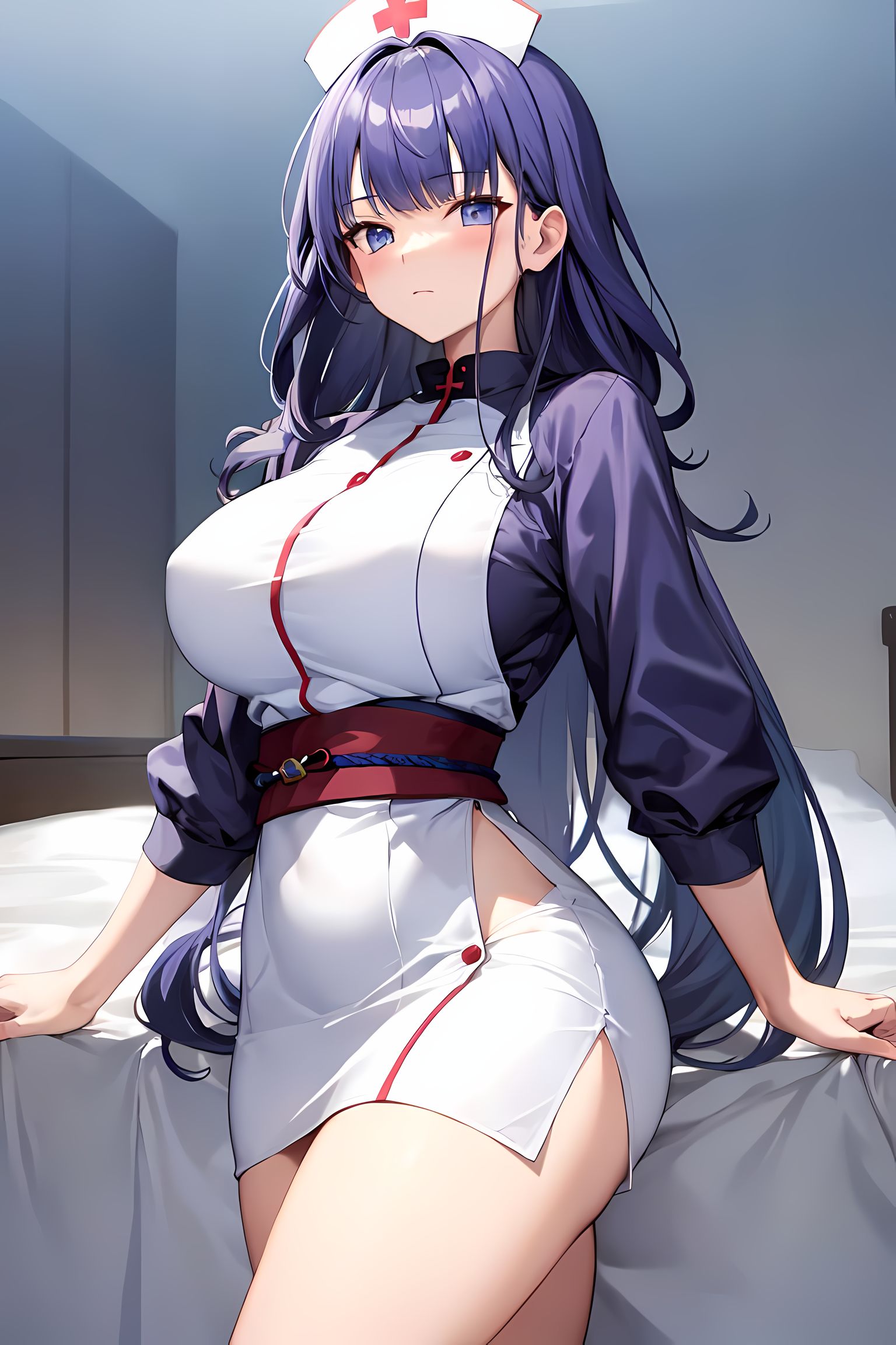 1girls, ai generated, blush, breasts, female, genshin impact, hips, huge breasts, indoors, light skin, light-skinned female, long hair, looking at viewer, nurse, nurse cap, nurse outfit, nurse uniform, raiden shogun, stable diffusion, thick thighs, thighs, wide hips