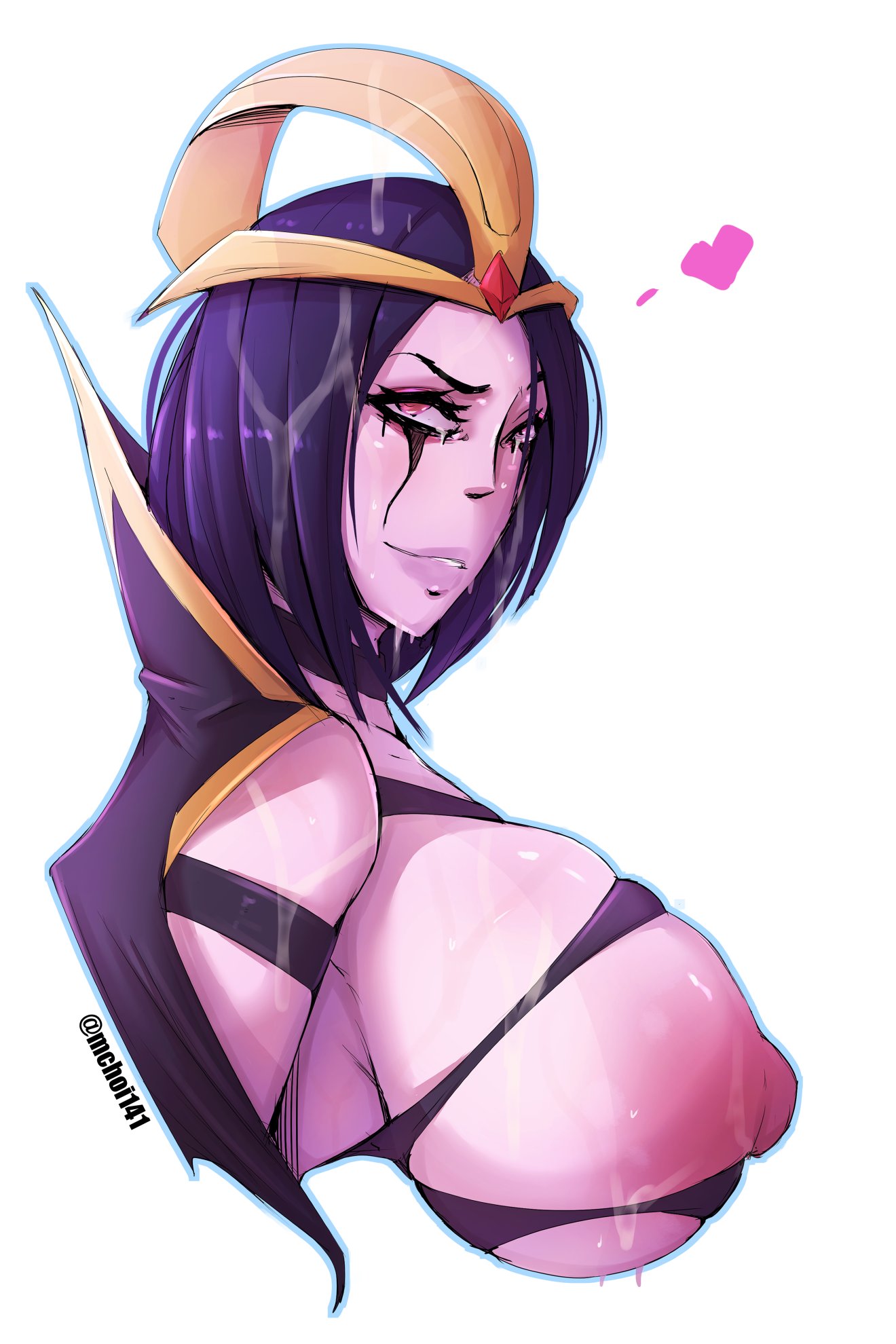 big nipples, breasts, bust, bust portrait, covered in cum, exposed breasts, female, huge nipples, hyper nipples, large breasts, large nipples, league of legends, leblanc, mascara, mchoi141, nipples, outline, puffy nipples, purple hair, purple lips, purple skin, side view, sole female, solid color background, solo, thick nipples, tiara, torn topwear, upper body, wardrobe malfunction, white background