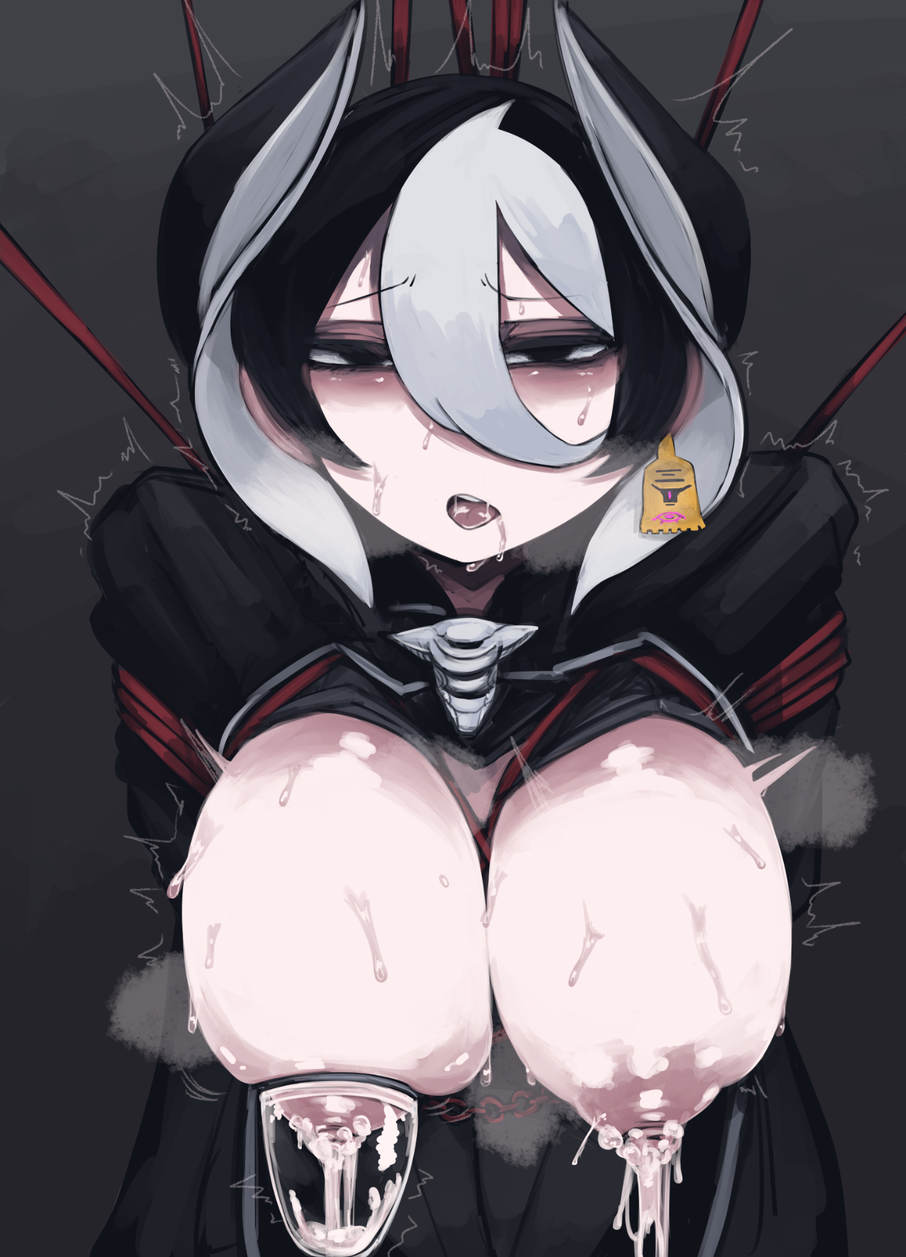 1girls, asamegasame, big breasts, black eyes, black hair, breast expansion, breast growth, breast growth (enlargement), breasts, breasts out, female, female focus, hair between eyes, lactating, lactation, light skin, light-skinned female, looking at viewer, made in abyss, milking machine, nipples, ozen, rape, restrained, sweat, whistle, white hair