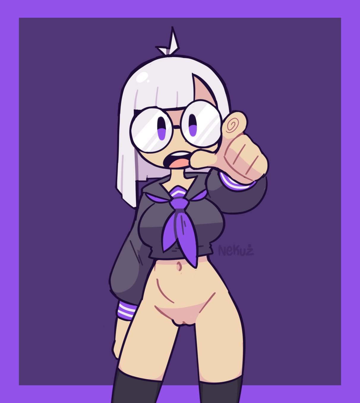 2023, 5 fingers, artist name, bottomless, breasts, female, glasses, lu white (nekuzx), navel, nekuzx, no panties, no pants, purple background, pussy, pussy out, solo, textless, textless version, white hair