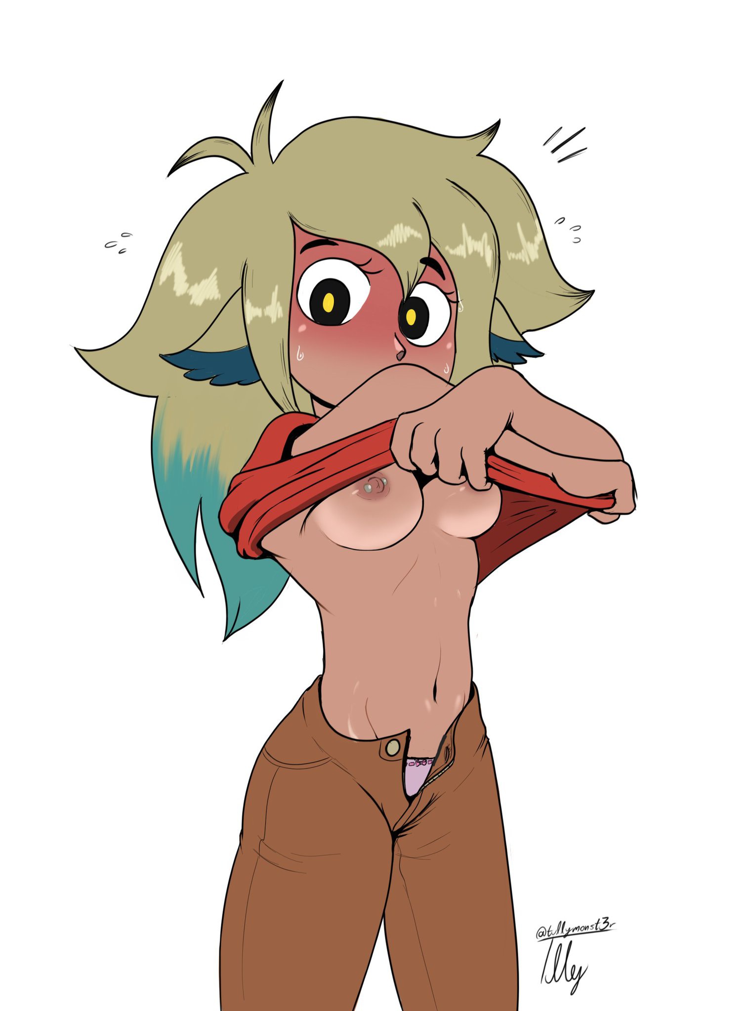 breasts, disney, disney channel, edit, female, lifting shirt, nipple piercing, nipples, piercing, straight hair, the owl house, vee (the owl house)