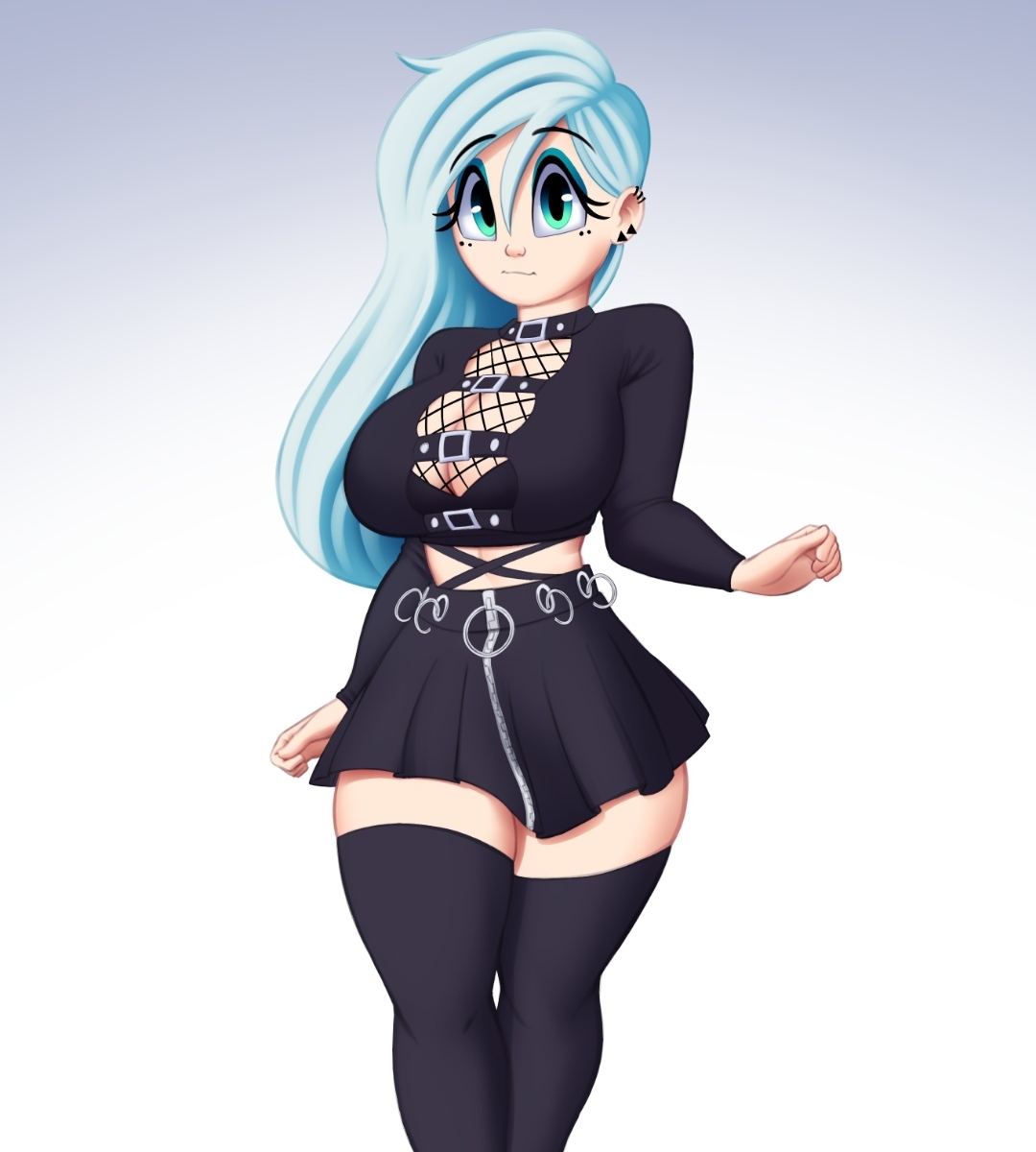 big breasts, black bra, black leggings, black shirt, black skirt, breasts, cassette (saymanart), cleavage, female, goth, green eyes, original, piercing, piercings, saymanart, skirt, stockings, thighhighs, white hair