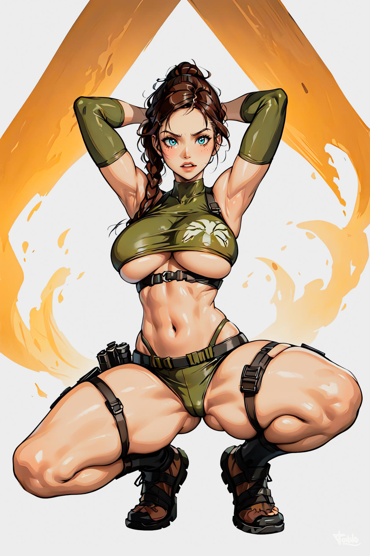 ai generated, athletic, athletic female, bare midriff, big breasts, breasts, brown hair, busty, female, female focus, female only, hourglass figure, lara croft, lara croft (classic), large breasts, long hair, pinup, pinup pose, revealing clothes, short shorts, tagme, thigh holster, tied hair, tomb raider, tonnaccio, underboob, wide hips