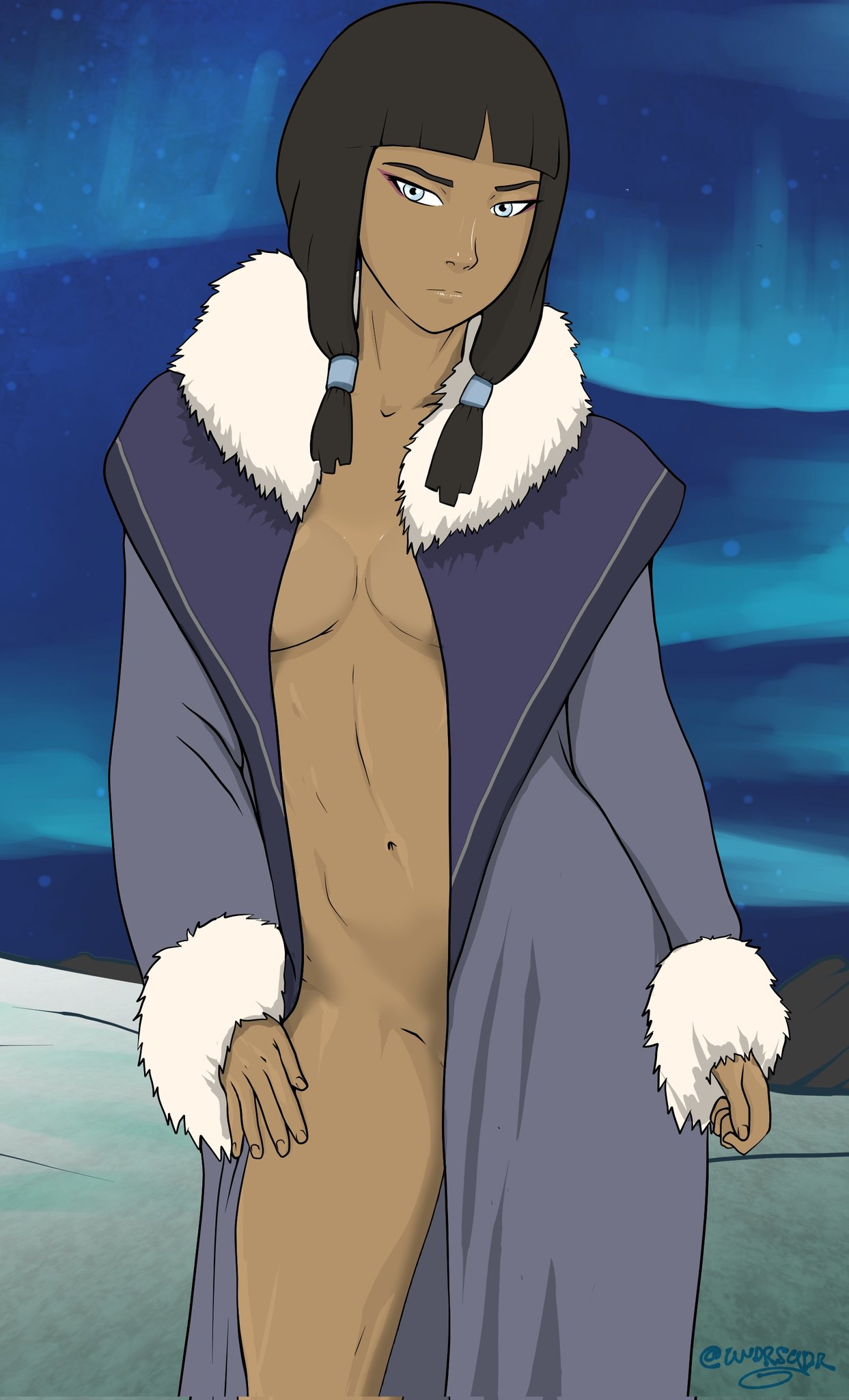 1girls avatar_legends dark-skinned_female eska female nude_underneath robe robe_only the_legend_of_korra undrsydr water_tribe