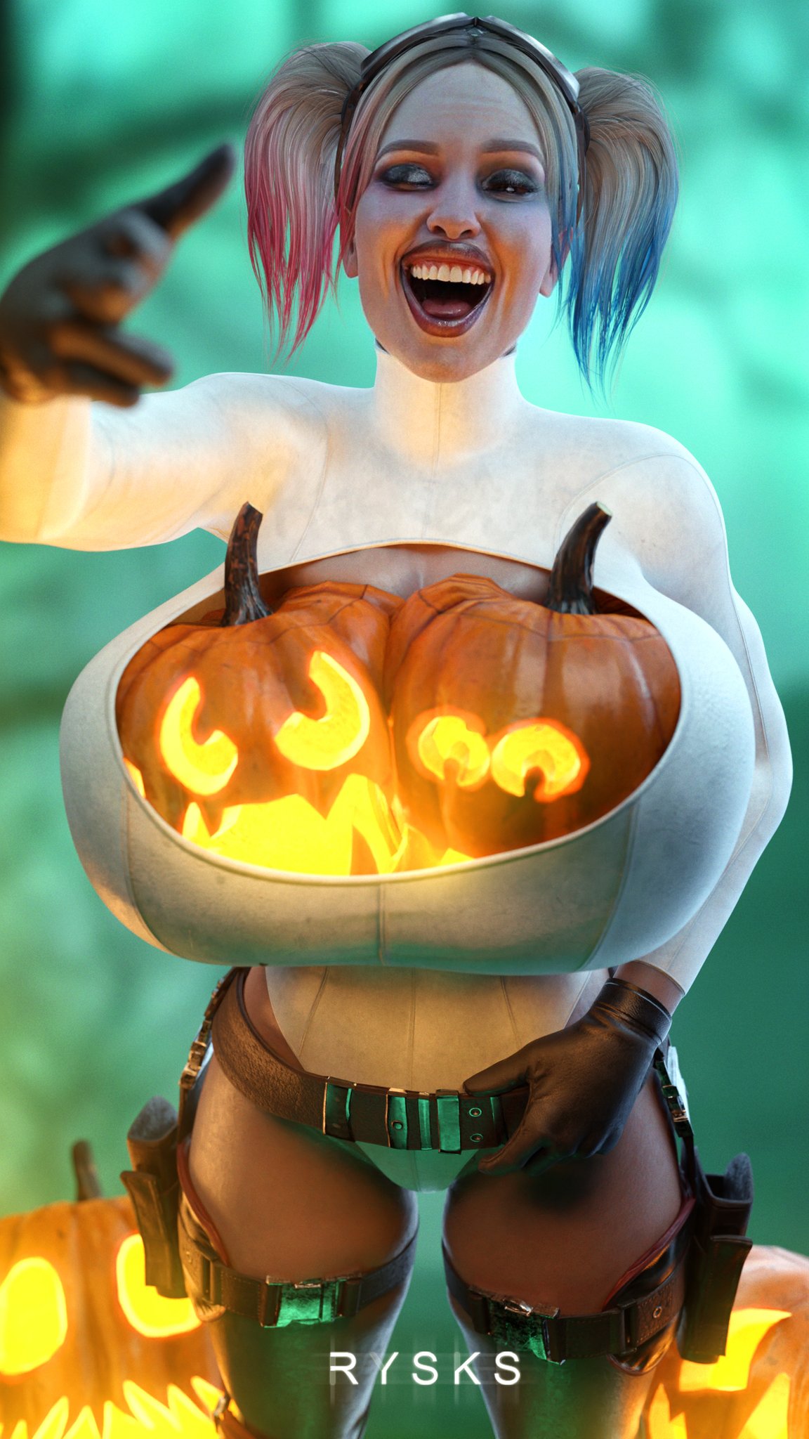 1girls 3d 3d_(artwork) batman_(series) big_ass big_breasts busty cosplay dc dc_comics eyes female female_only fit fit_female halloween harley_quinn harley_quinn_(injustice) hips hourglass_figure huge_breasts injustice_2 jack-o'-lantern large_breasts legs light-skinned_female light_skin lips makeup power_girl_(cosplay) rysketches solo superman_(series) thick thick_legs thick_lips thick_thighs thighs villain villainess voluptuous wide_hips