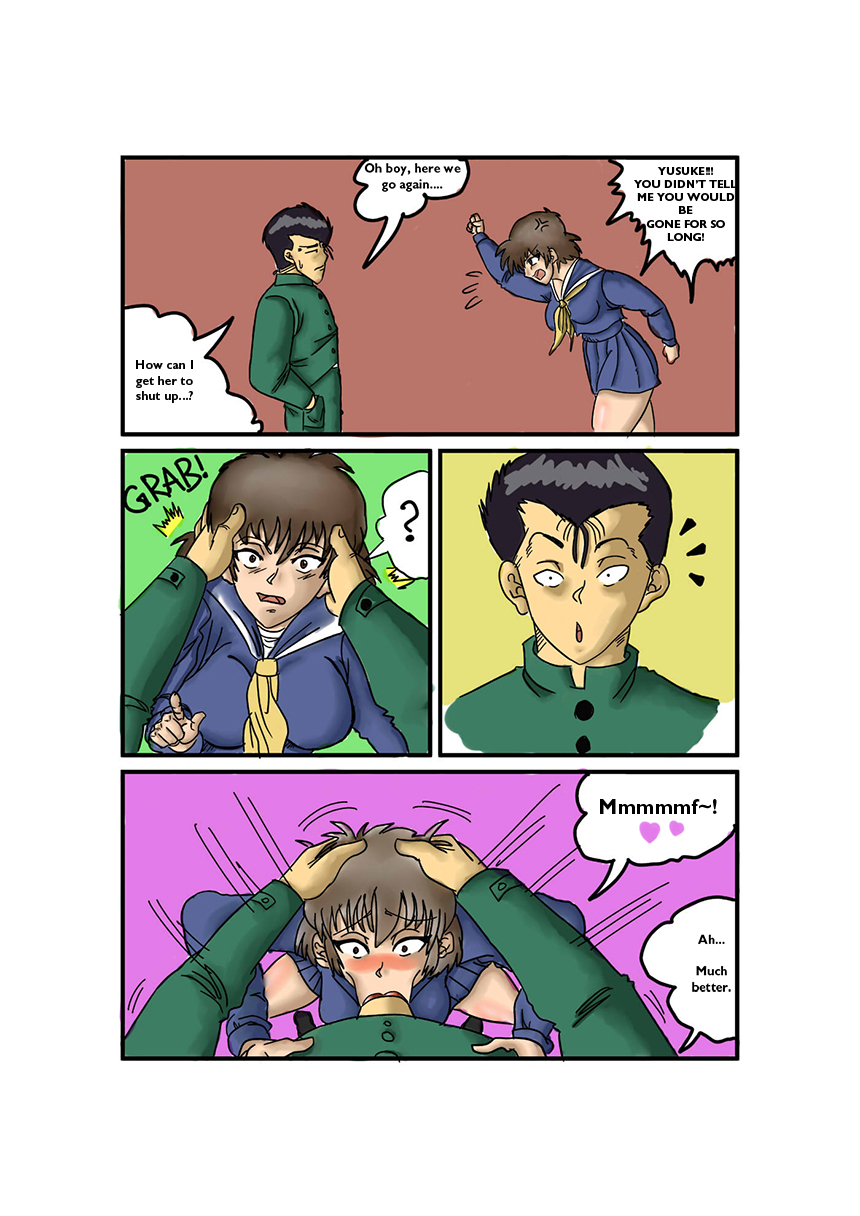 1boy 1girls black_hair blush brown_hair color colored comic dark_hair deepthroat dialogue english_text fellatio female human keiko_yukimura large_penis long_hair male oral oral_sex penis sex short_hair shounen_jump straight surprised text uncensored yu_yu_hakusho yusuke_urameshi