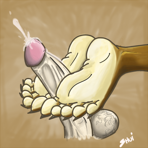 5_toes anthro balls barefoot brown_fur circumcised cum erection feline foot_fetish foot_focus footjob furry gay hindpaw human human_feet lion male no_humans orgasm paws penis plantigrade shuigetsu soles toes