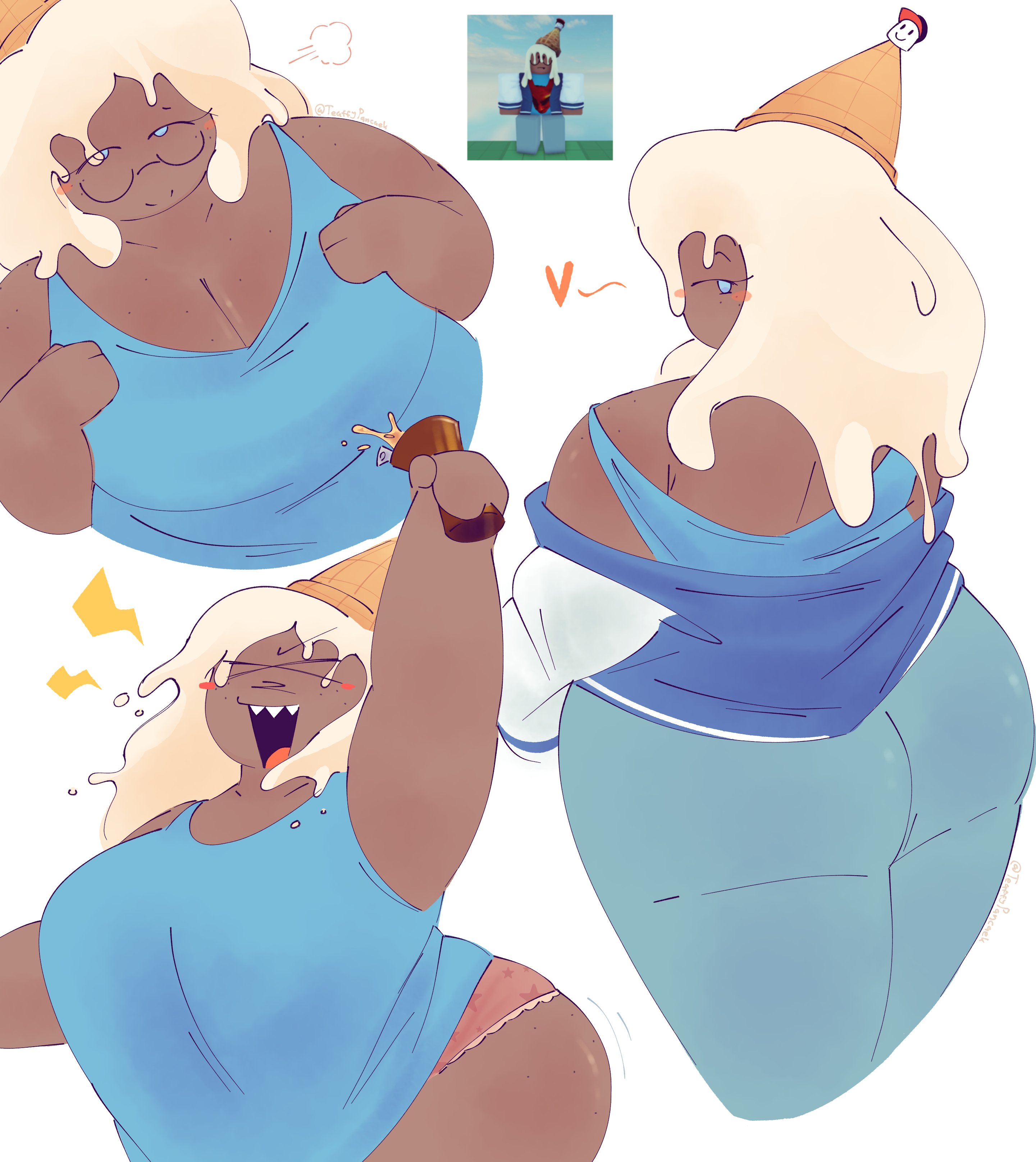118o8, 118o8 (forsaken), 1girl, 1girls, ass, big ass, big breasts, big butt, blocky body, blue tank top, blush, blushing, blushing at viewer, boobs, breasts, brown skin, butt, chubby, chubby female, cleavage, clothed, dark skin, dark skinned female, female, female focus, female only, forsaken (roblox), glasses on face, heart, heart symbol, hearts, holding drink, huge breasts, ice cream, ice cream cone, ice cream cone hat, ice cream hair, large breasts, looking at viewer, looking back, looking back at viewer, looking up at viewer, roblox, roblox game, robloxian, shaking butt, smiling at viewer, taking clothes off, taking off jacket, tanktop, tits, white hair, white hair female, xd