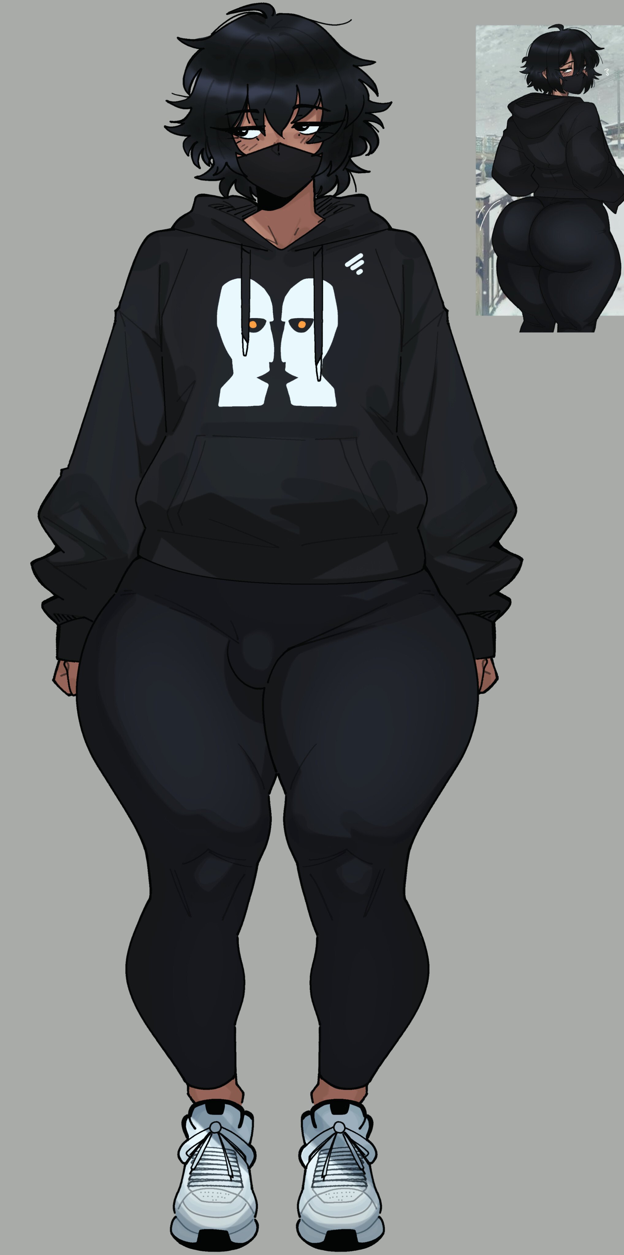 1boy, 2026, 2d, black clothing, black eyes, black hair, blush, bottom heavy femboy, bulge, dark skin, dark-skinned femboy, dark-skinned male, dark-skinned sissy, dark-skinned twink, emo, emo boy, femboy, hoodie, johnv, latino male, mask, messy hair, original, penis bulge, sissy, sneakers, standing, tagme, thicc, thick, thick thighs