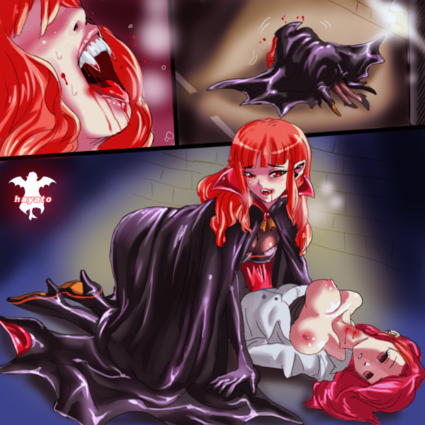 2girls, bite, bite mark, biting, blood, blood sucking, breasts, cape, clothing, fangs, female, hayato (artist), large breasts, multiple females, multiple girls, stockings, thighhighs, torn clothes, vampire