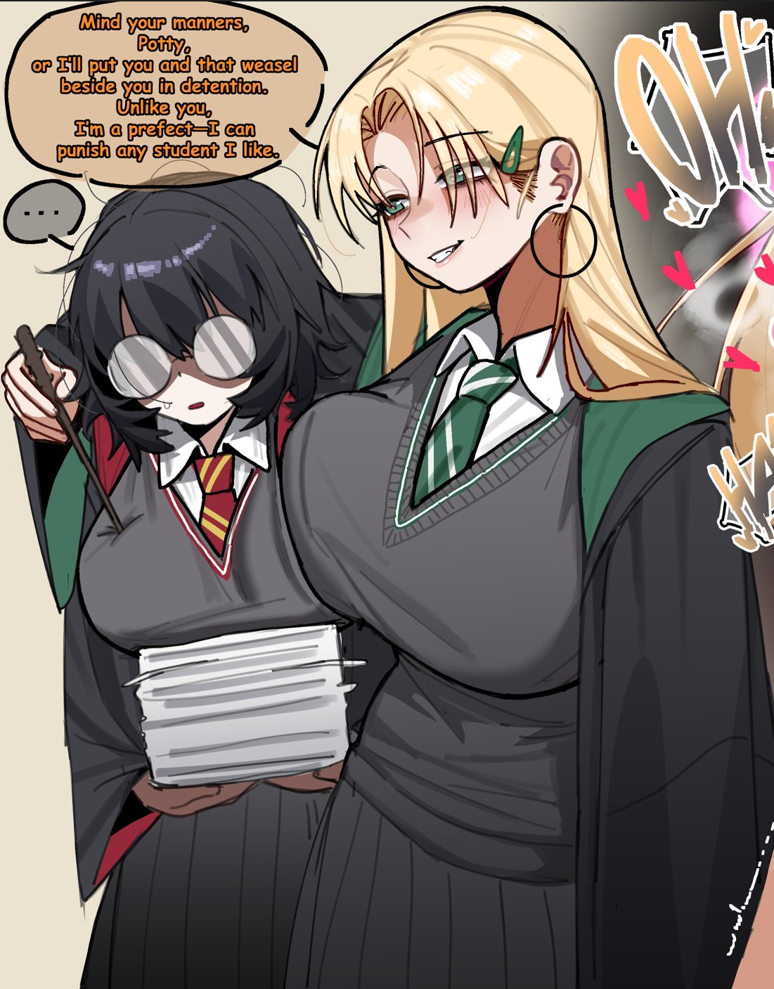 2girls, black hair, black skirt, blonde hair, blush, breasts, diagonal-striped clothes, diagonal-striped necktie, draco malfoy, draco malfoy (redteneri), earrings, english commentary, english text, fully genderswapped group, genderswap, genderswap (mtf), glasses, green eyes, green necktie, grin, hair ornament, hairclip, harry james potter, harry potter, harry potter (series), heart, highres, holding, holding wand, jewelry, large breasts, long hair, medium hair, multiple girls, necktie, pleated skirt, red necktie, robe, school uniform, shangdong, shangdong233, skirt, smile, spoken heart, striped clothes, striped necktie, sweatdrop, wand, wizarding world