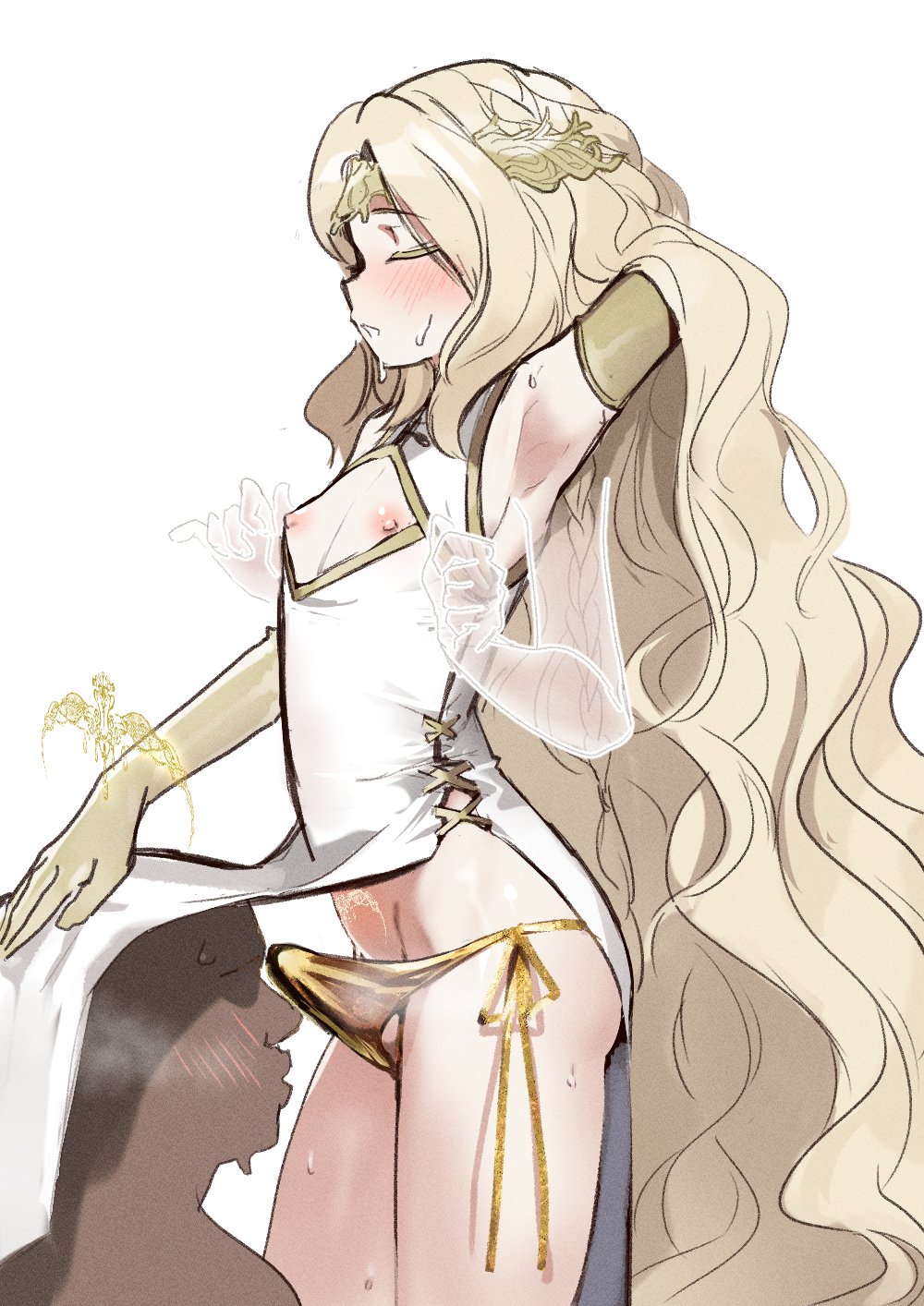2boys, bald, blonde hair, chinese clothes, chocolate and vanilla, dark skin, dark-skinned male, dark-skinned sub, elden ring, erection under clothes, femboy, femboydom, fromsoftware, gu599, kneeling, light skin, light-skinned femboy, light-skinned male, long hair, male, male only, malesub, miquella, miquella the kind, nipples, penis, small penis, small penis adoration, white background, younger dom older sub