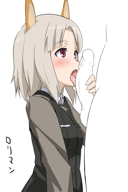 blush character_request clothing edytha_rossmann fellatio female flat_chest fox_ear licking military military_uniform open_mouth oral partially_colored penis penis_lick penis_licking purple_eyes short_hair silver_hair strike_witches tongue uncensored uniform youkan