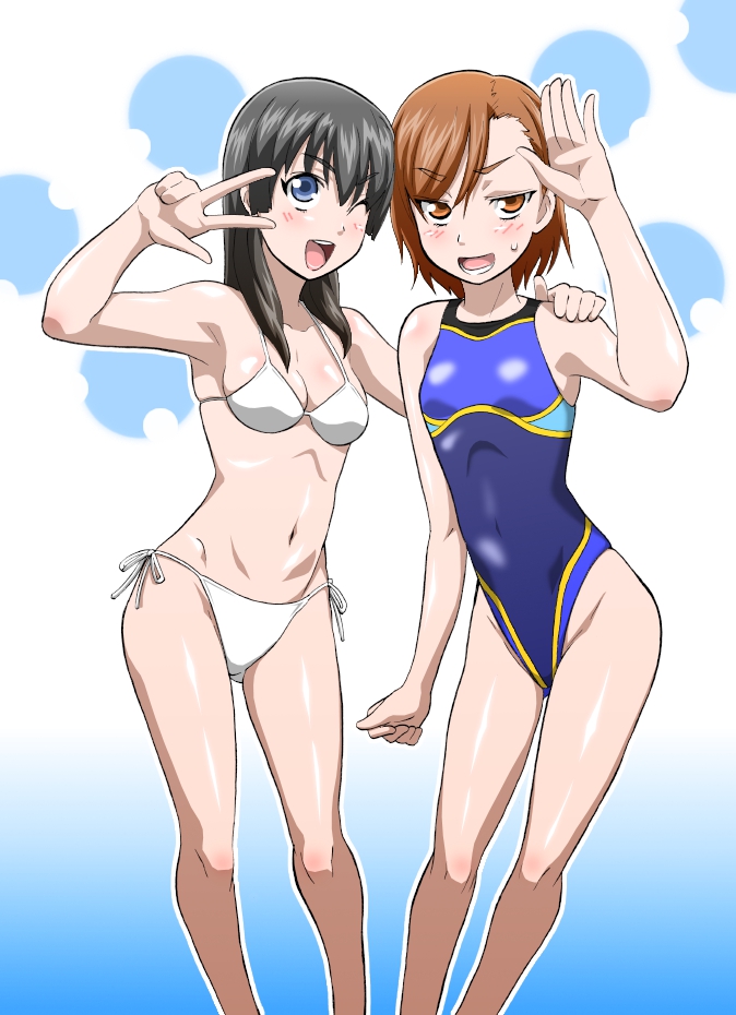 10s 2010 2girls armpits bikini clothing duo feet_out_of_frame female female_only front_view hokuto_(pixiv) hokuto_(tokuho) human misaka_mikoto multiple_females navel pale_skin pose saten_ruiko standing sweatdrop swimsuit swimwear teenage_girl teenager to_aru_kagaku_no_railgun to_aru_majutsu_no_index v young